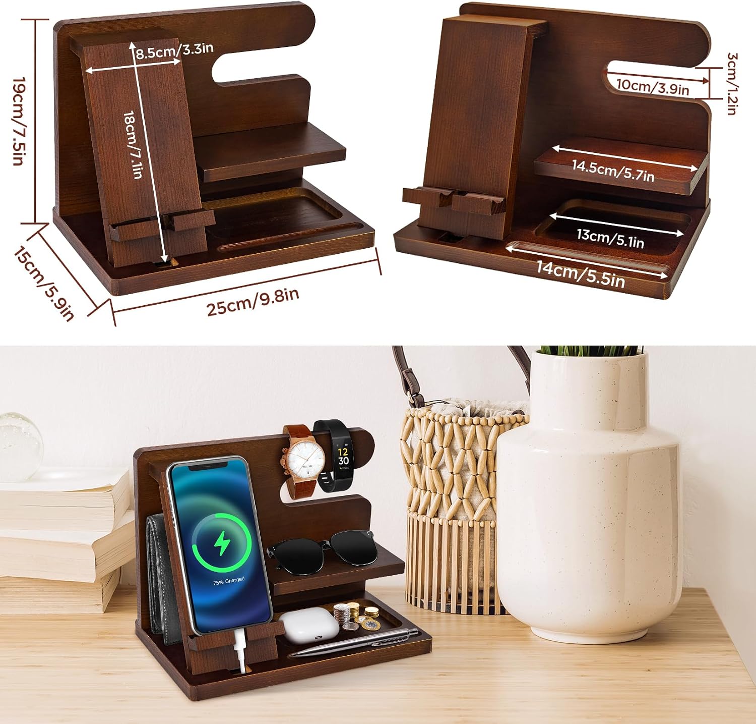 Thumbnail 1 de Hanari houten bureau-organizer met gsm-houder, 5 vakken, bruin