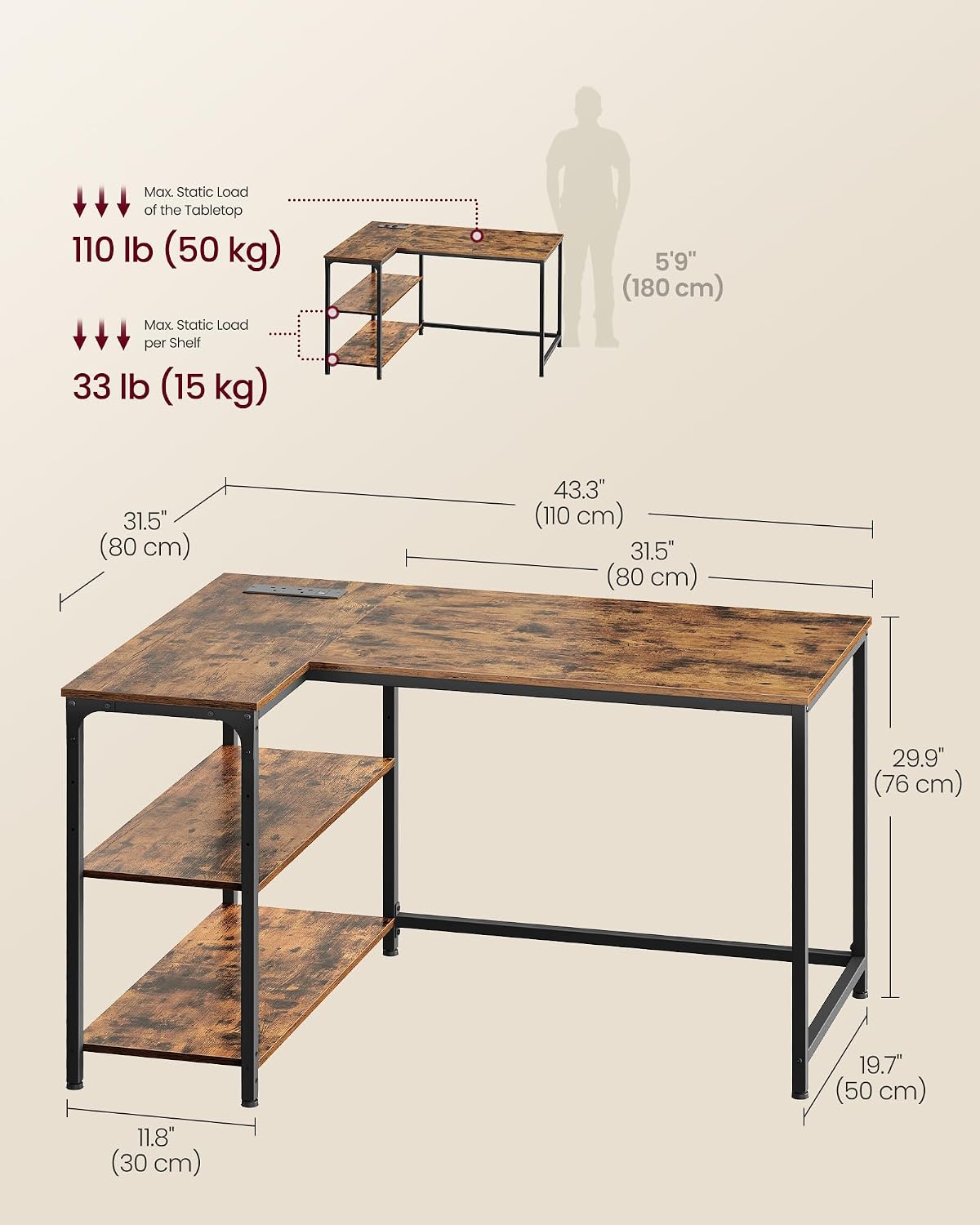 Detalle de VASAGLE L Shaped Corner Desk 110 x 80 cm