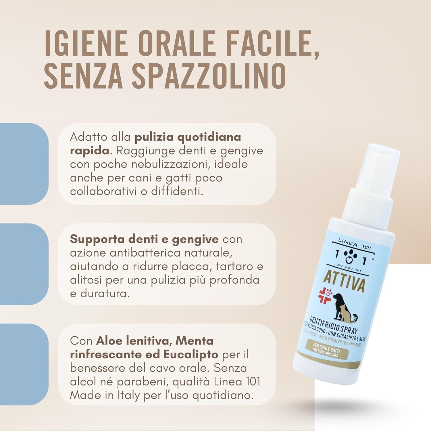 Detalle de Linee 101 Dentifricio Spray per Cani con Aloe, Menta ed Eucalipto – Igiene orale pratica e naturale