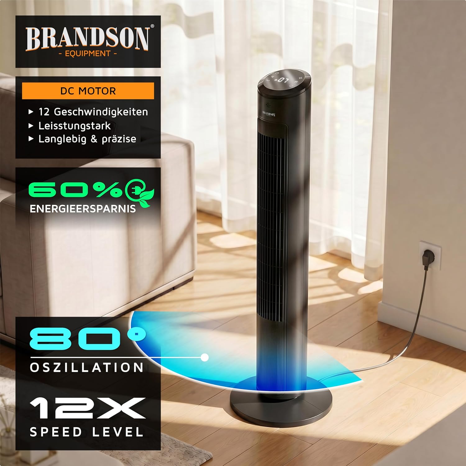 Detalle de Brandson Turmventilator ECO GREEN – DC Motor, leise, Oszillation, Fernbedienung