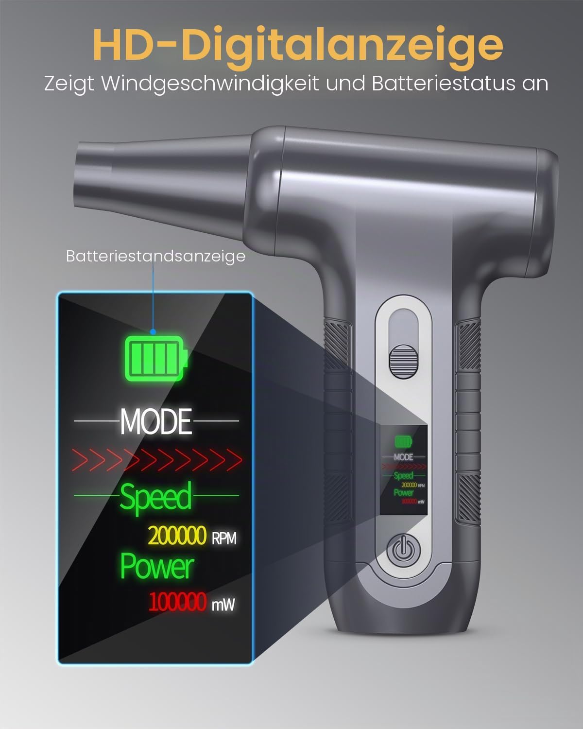 Detalle 2 de Elektrische Staubgebläse 200000 U/min mit HD-Display – Air Duster Mini-Gebläse für PC-Reinigung (Modell W06, Silber)