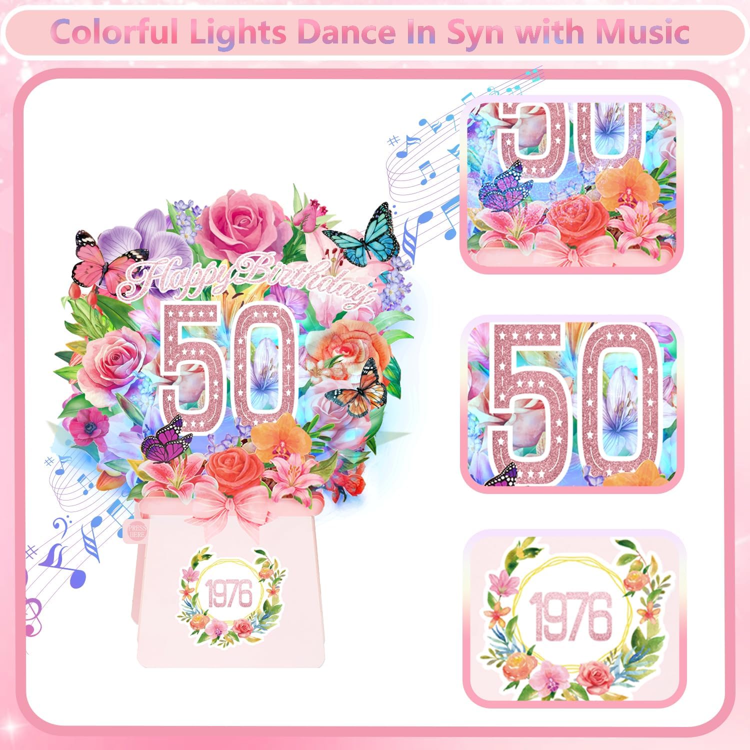 Thumbnail 4 de 50th Birthday Cards Light and Music 1976 Forever Flower Bouquet 3D Pop Up Gift Card (10 inch)