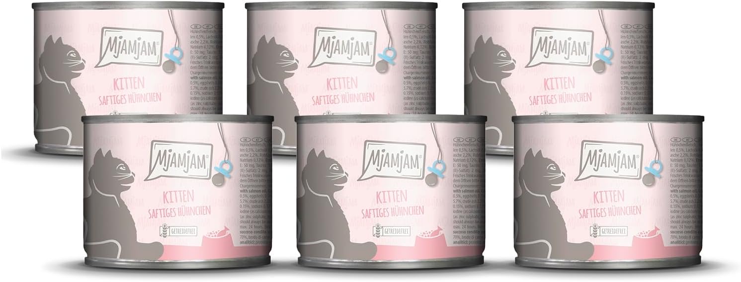 Detalle de MjAMjAM Premium Katzenfutter Kitten – saftiges Hühnchen mit Lachsöl, 6er Pack (6 × 200 g) – getreidefrei