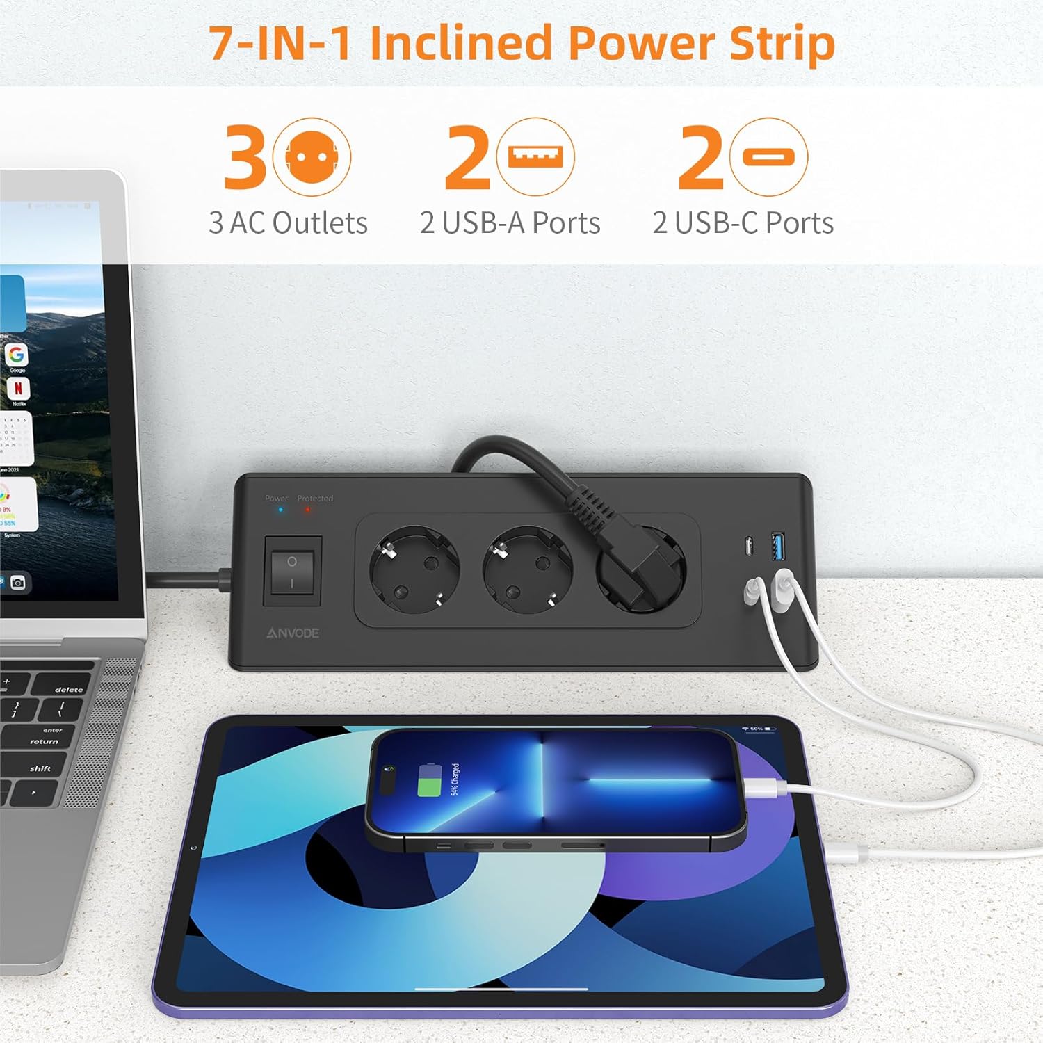 Thumbnail 1 de Ecksteckdose mit USB-A & 2× USB-C (3-fach) – Ecksteckdosenleiste mit Schalter und 2-m-Kabel