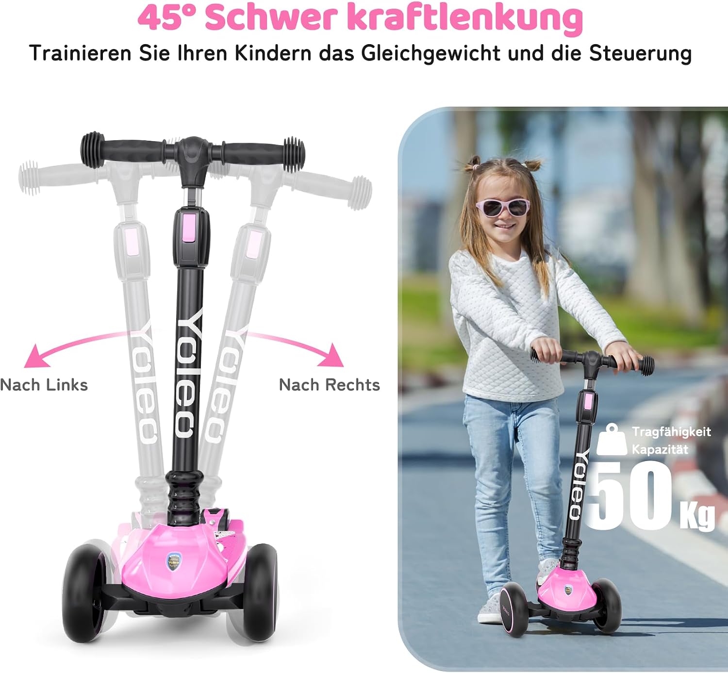 Thumbnail 3 de YOLEO Kinderoller Dreiradscooter – verstellbarer Lenker, leuchtende PU-Räder und kompakte Falteigenschaft