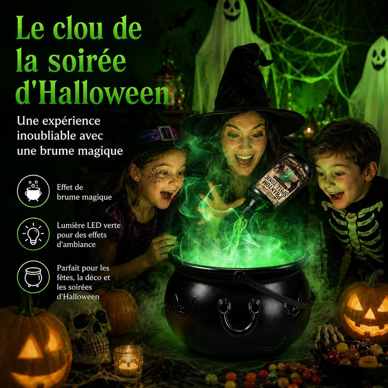 Detalle de ShadowRealmTech 0018 Halloween-heksenketel met USB-vernevelaar en groen licht
