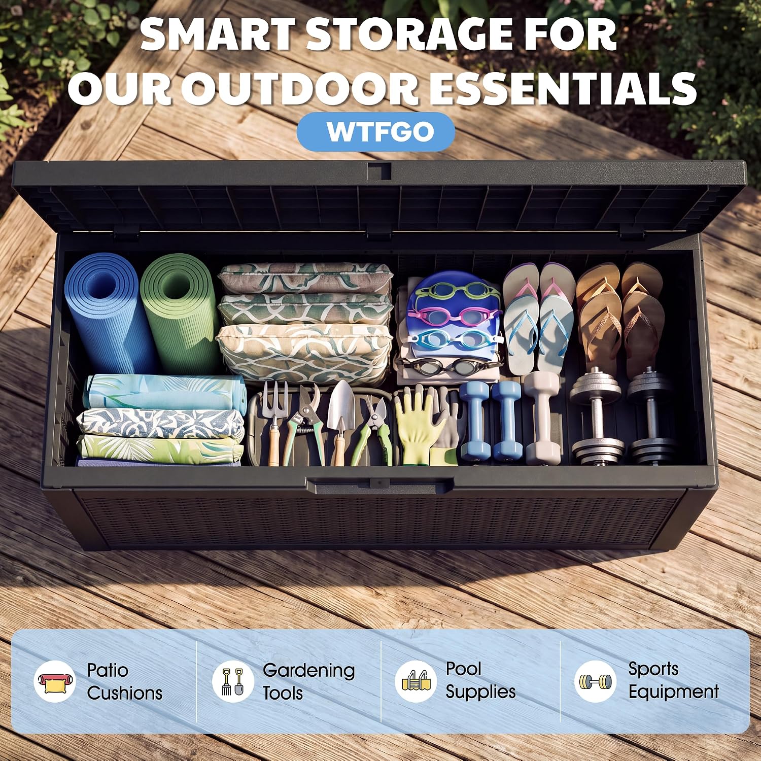 Detalle de WTFGO 80-Gallon Rattan Black Resin Outdoor Storage Box with Lockable Lid