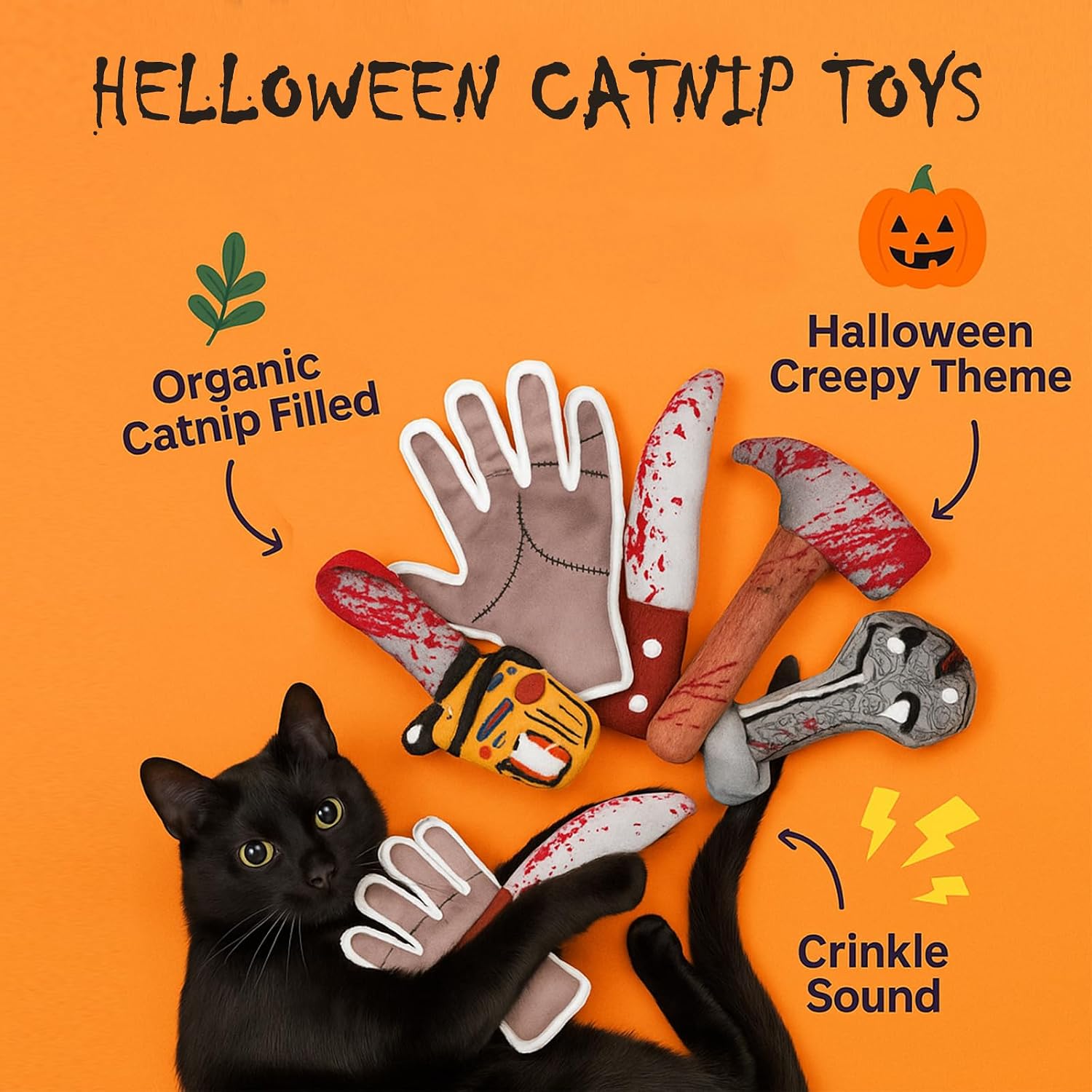 Detalle de PURETOY CT-5PC Halloween Catnip Toys, 5-Piece Crinkle Cat Toy Set