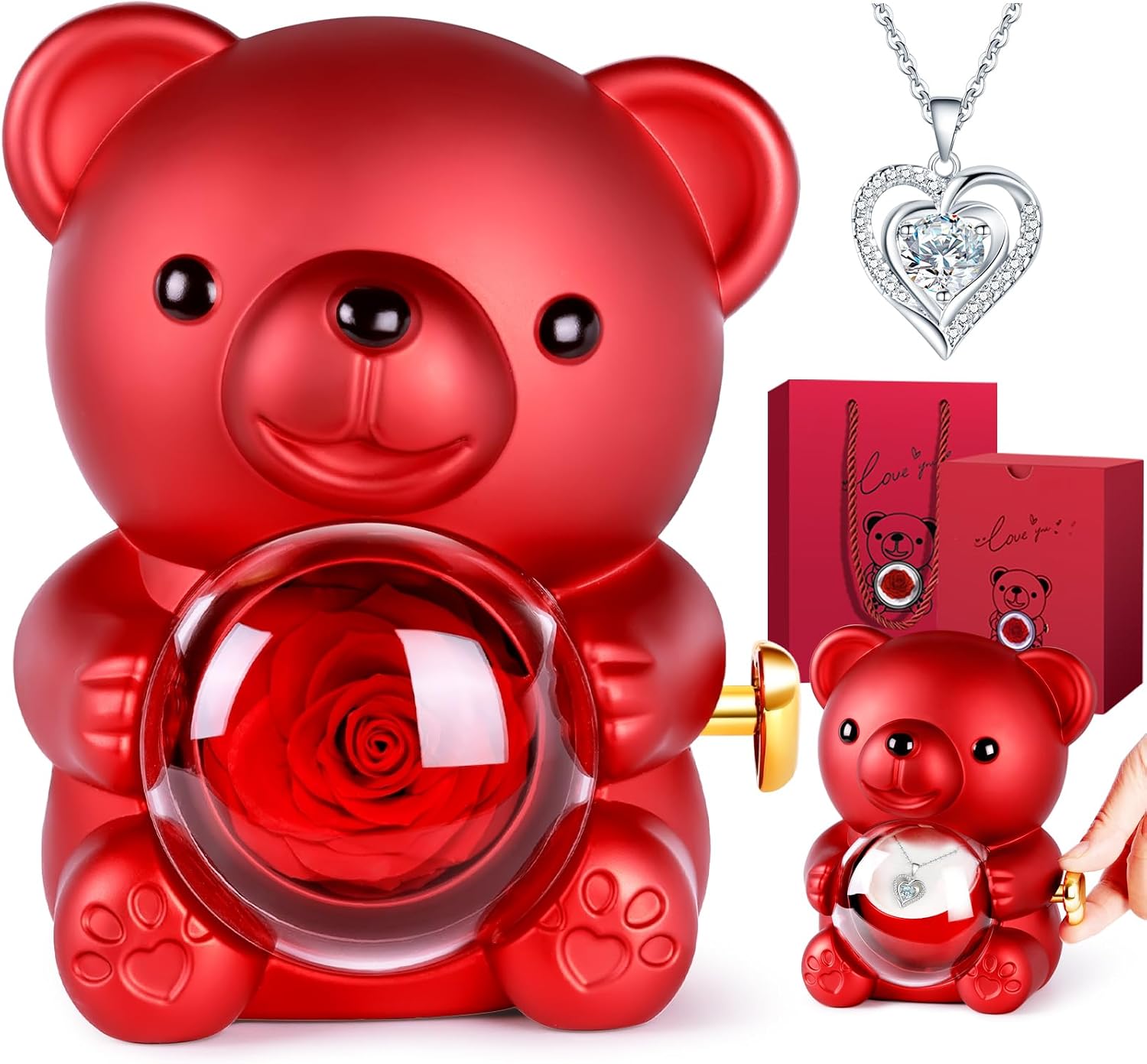 Detalle de Aloskart Ours Rose Éternelle — Boîte à Bijoux Cachée avec Collier Intégré