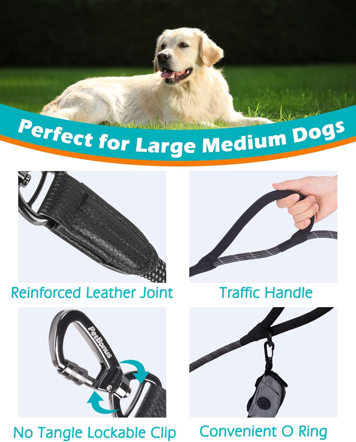 Thumbnail 1 de PetBonus Reflective Rope Dog Lead (1.8 m) with Lockable Hook & Padded Handles