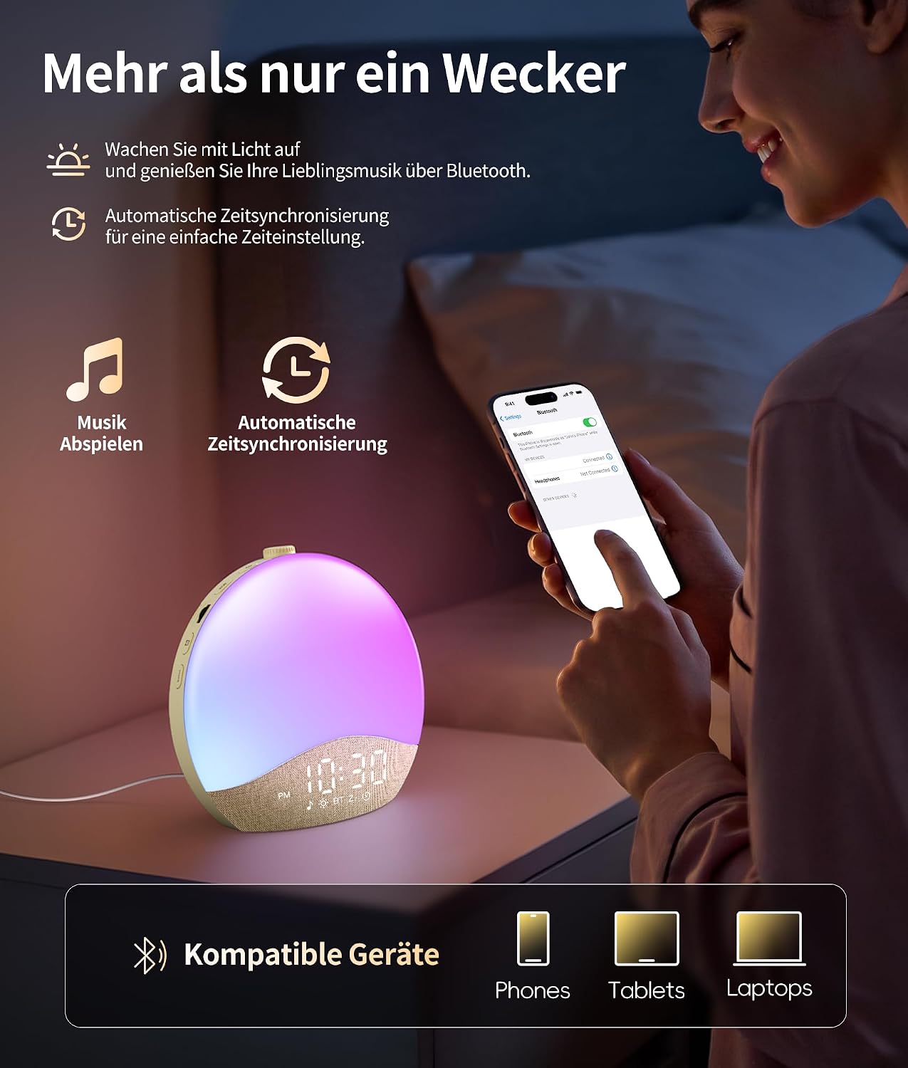 Detalle de ecozy Tageslichtwecker – Sonnenaufgang, Bluetooth-Zeitsynchronisierung und 17 Lichtfarben