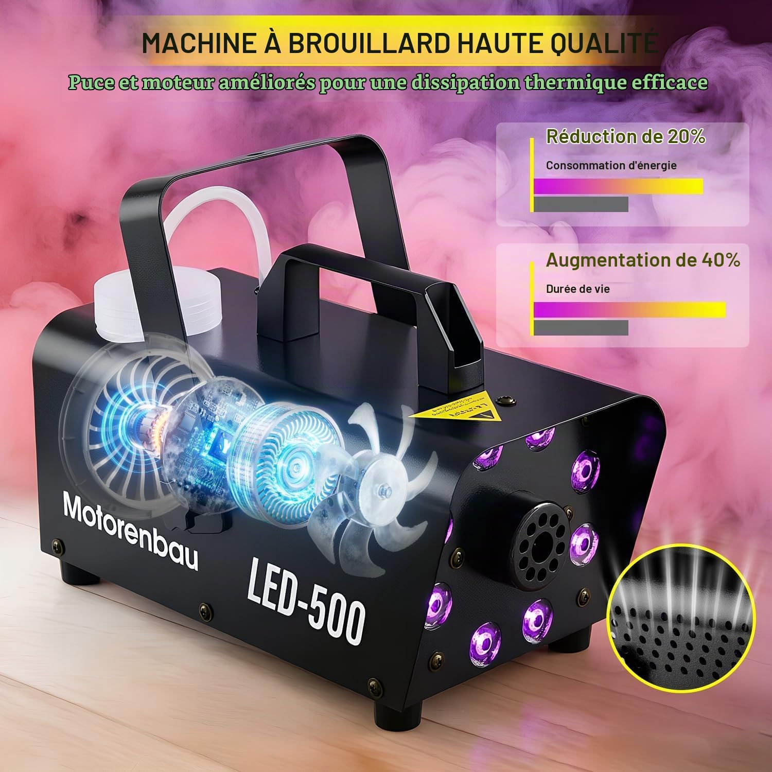 Detalle 2 de Mistmachine met 8 RGB-leds, 13 lichtkleuren, 500 W en afstandsbediening