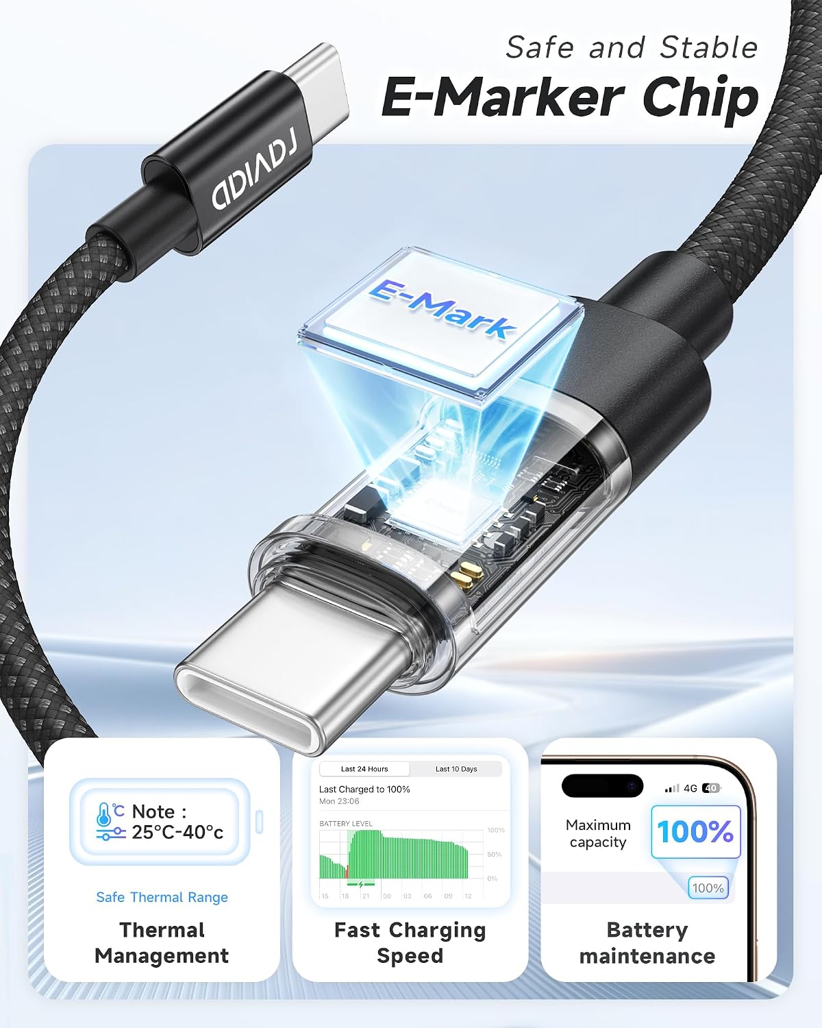 Detalle 2 de RAVIAD Cavo USB-C USB-C 240W da 1 metro con PD 3.1, QC 3.0 ed E-Marker