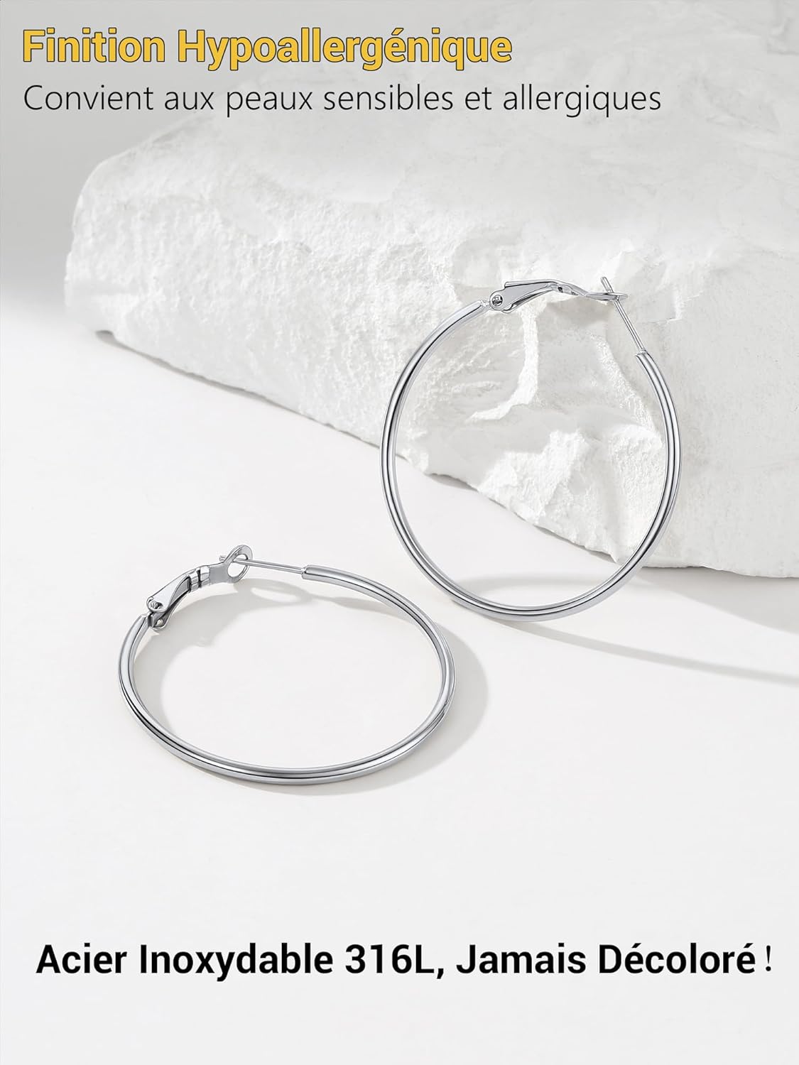 Thumbnail 2 de PROSTEEL – Lot de 3 créoles femme en acier inoxydable plaqué or, anneaux 30 mm