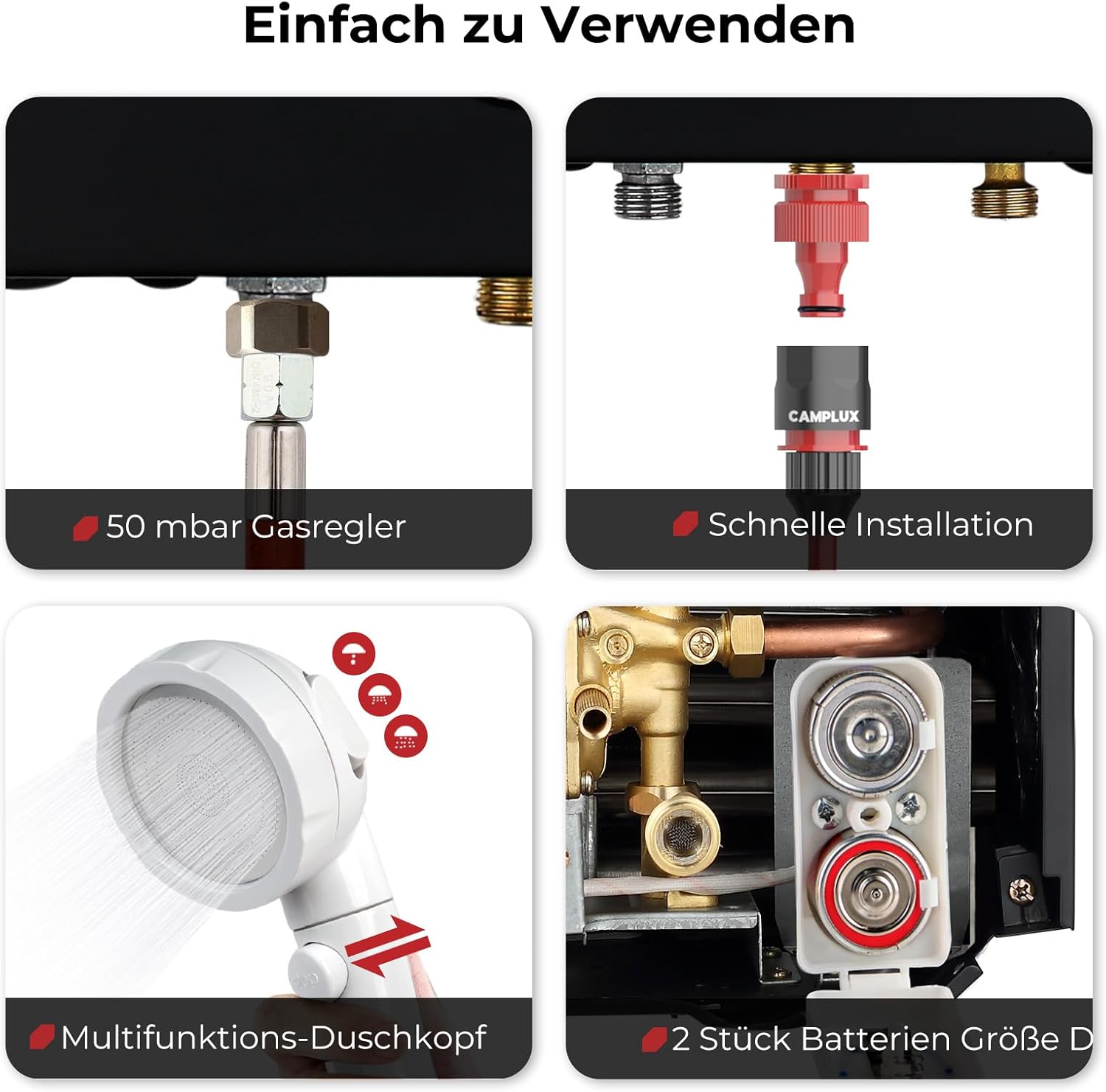 Detalle de Camplux BW264BC-DE Gas-Durchlauferhitzer 10L/min – Propan/Butan, 50 mbar, Edelstahl-Abdeckdeckel
