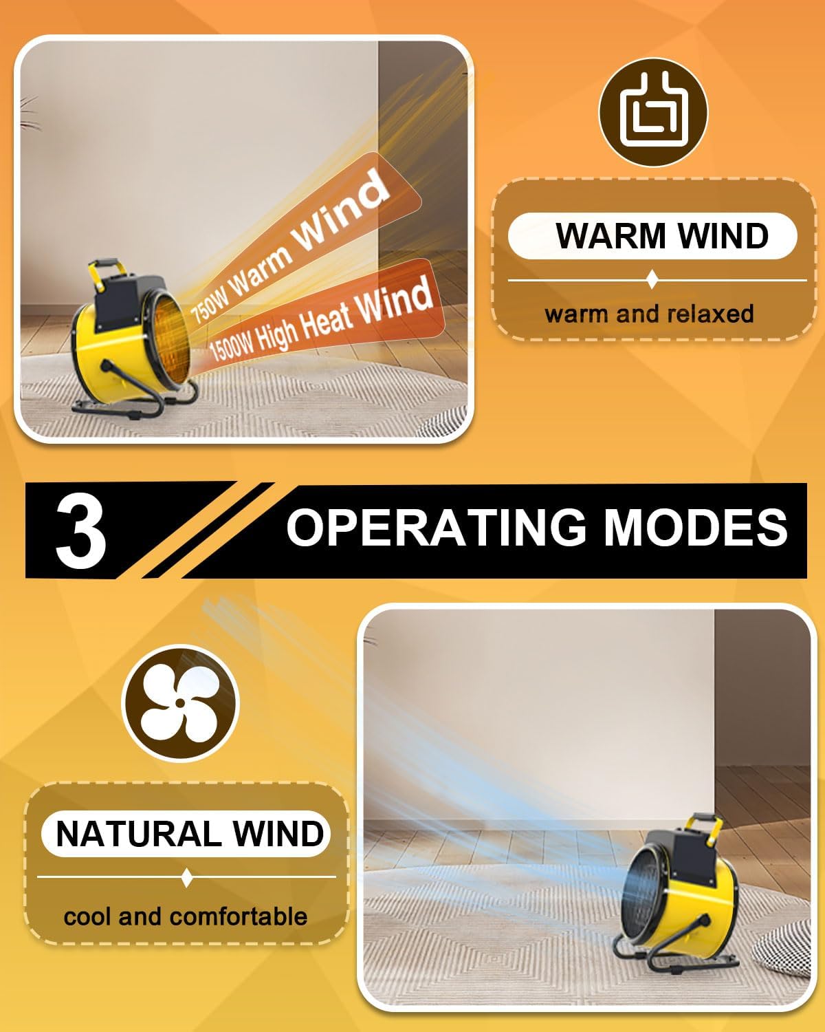 Thumbnail 6 de Buyplus BGP1506-150-17 Portable Electric Heater, 1500W, 3 Modes, Yellow