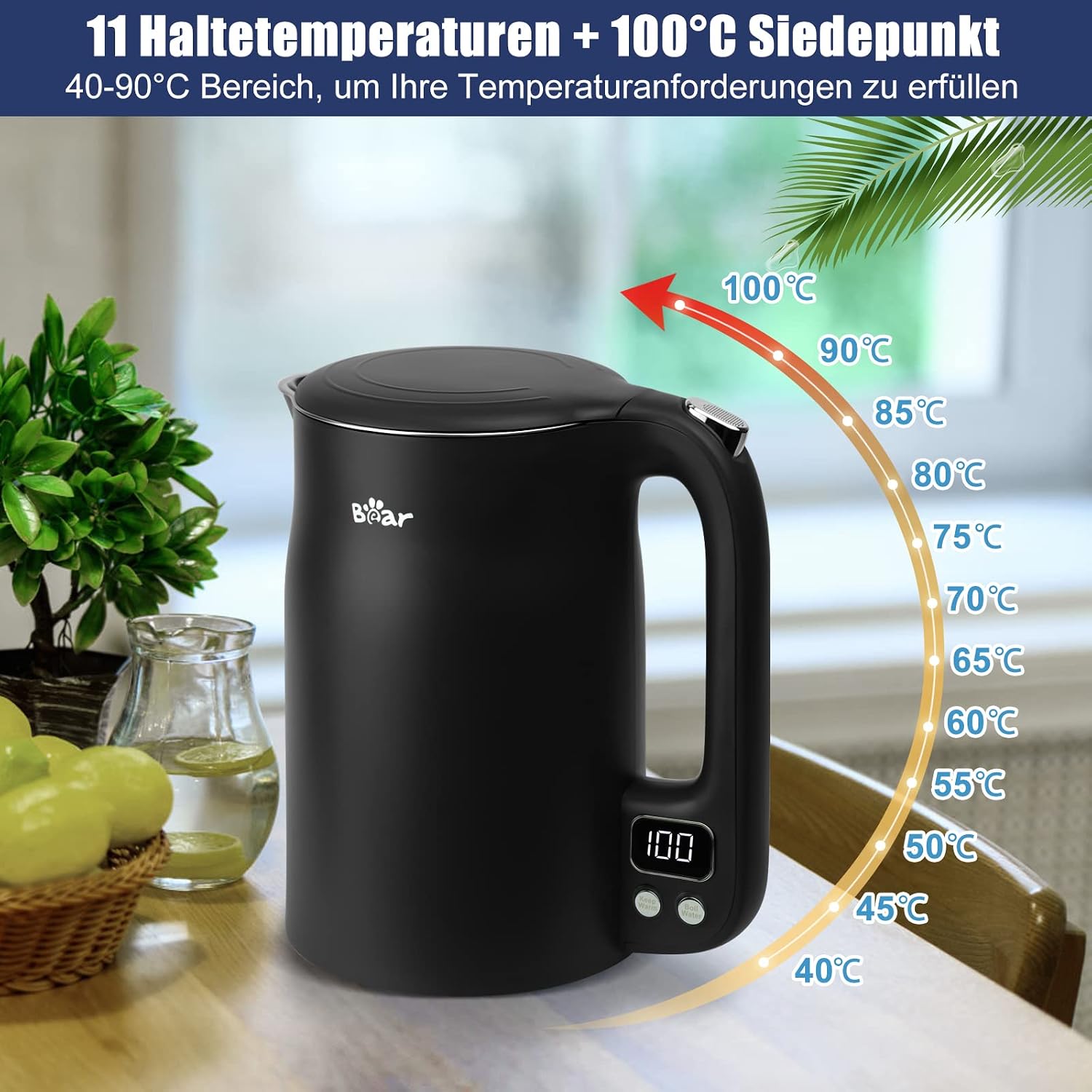Detalle de Bear 1.7L Edelstahl-Wasserkocher mit 11 Temperaturen, 1800W und Strix Thermostat