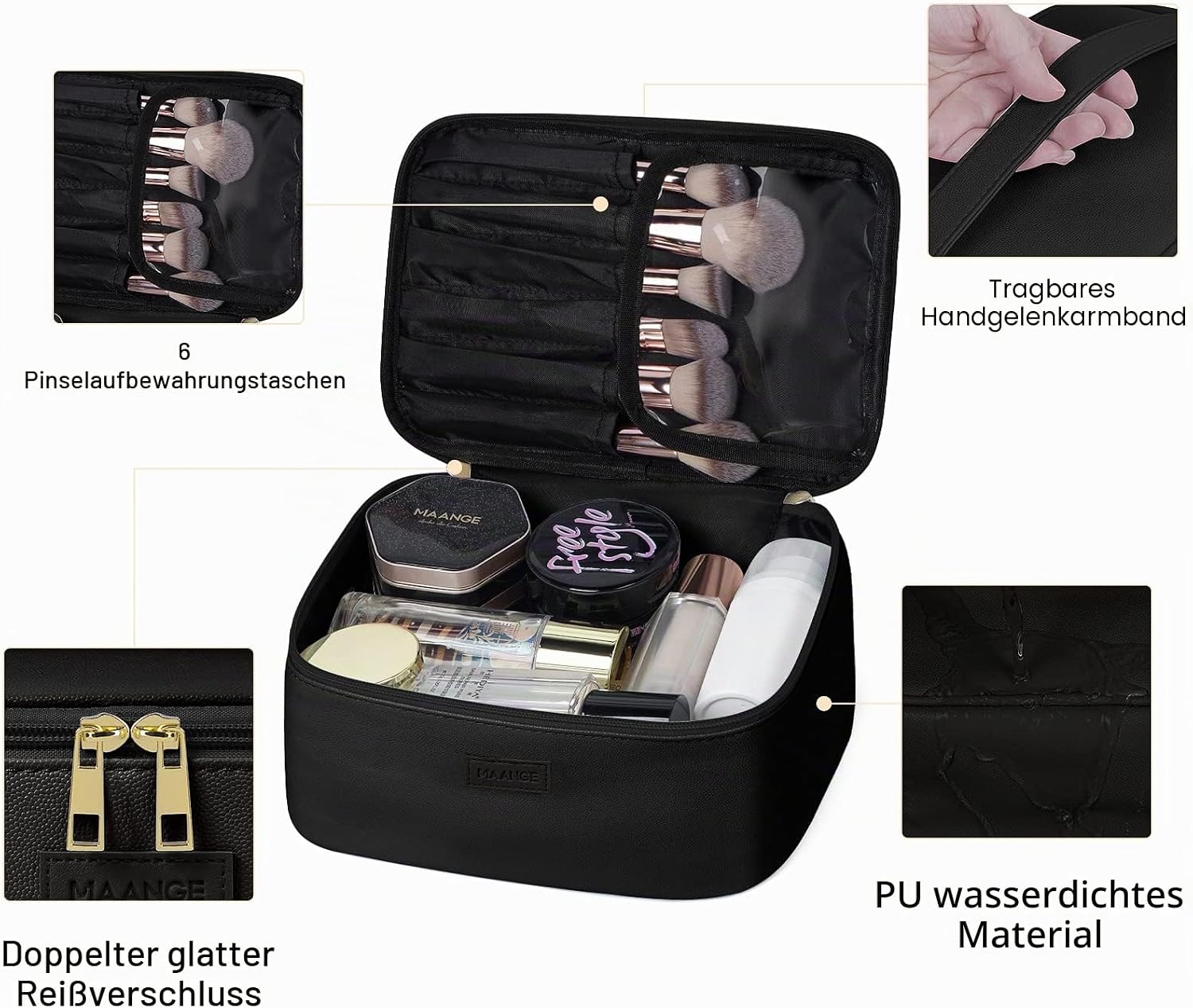Thumbnail 3 de MAANGE 3er-Set Kosmetiktaschen (L+M+S) aus PU-Leder, wasserfest – Schwarz