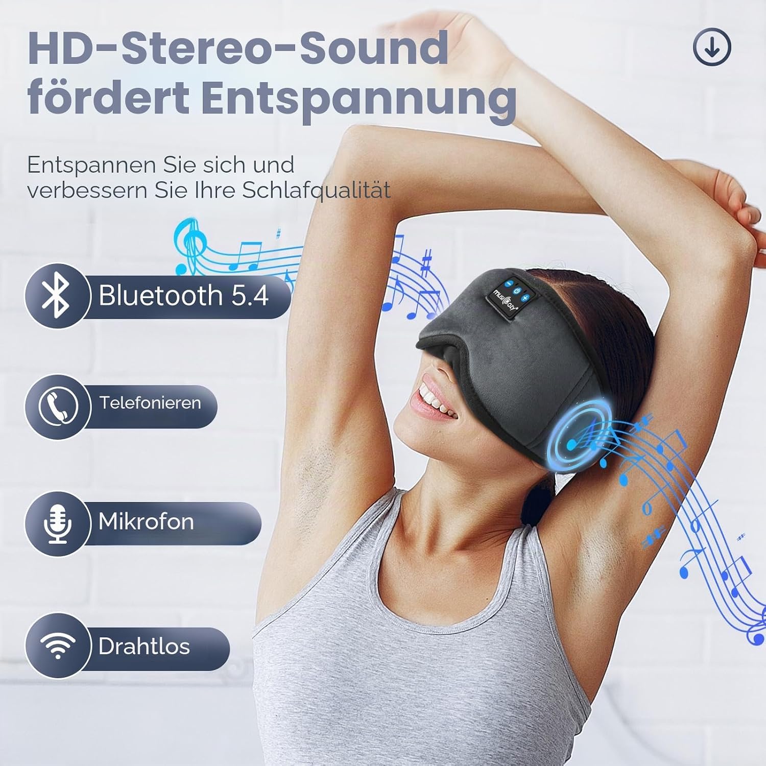 Detalle de MUSICOZY Schlafmaske mit Kopfhörer – Bluetooth 5.4 Schlafkopfhörer mit 100% Schattenmaske für Reisen