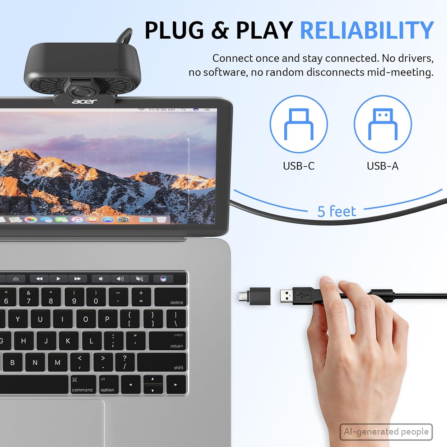 Detalle de Acer 1080p USB Plug-and-Play Webcam with Noise-Canceling Mics and Privacy Cover