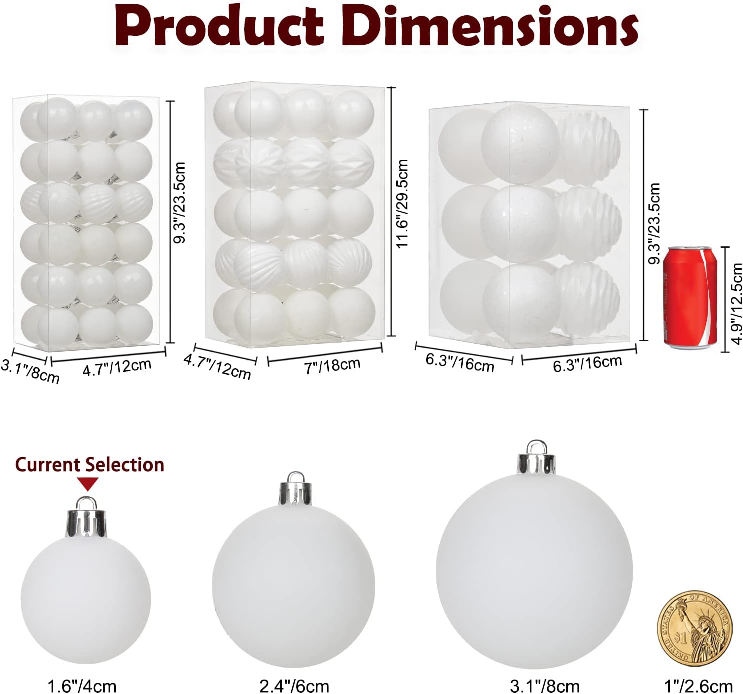 Detalle de Oairse 36 Pcs 4cm White Christmas Baubles – Shatterproof Mini Ornaments for Tree, Wreaths and Decorations