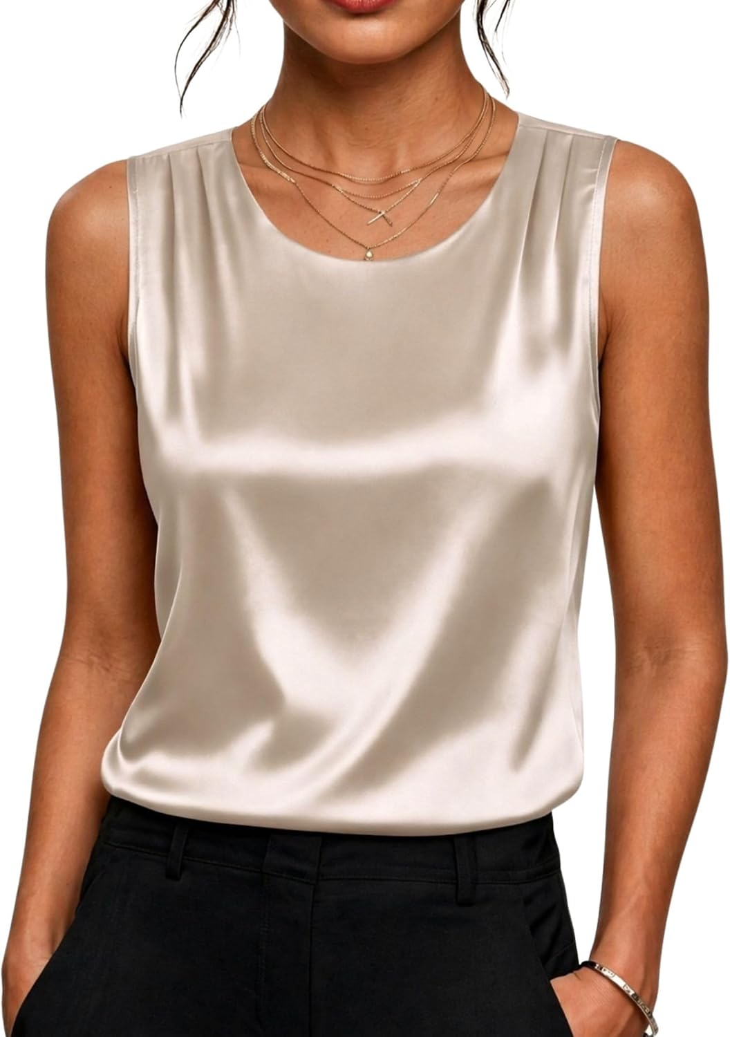 Detalle de Zeagoo Satin Tank Top for Women, Pleated Sleeveless Crewneck Blouse