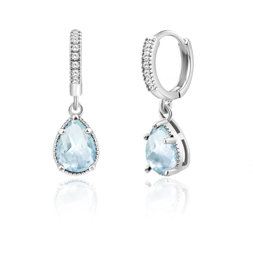 Detalle de Weviway Silver Aquamarine Drop Earrings – Teardrop Crystal Hoop with Lever-Back Closure