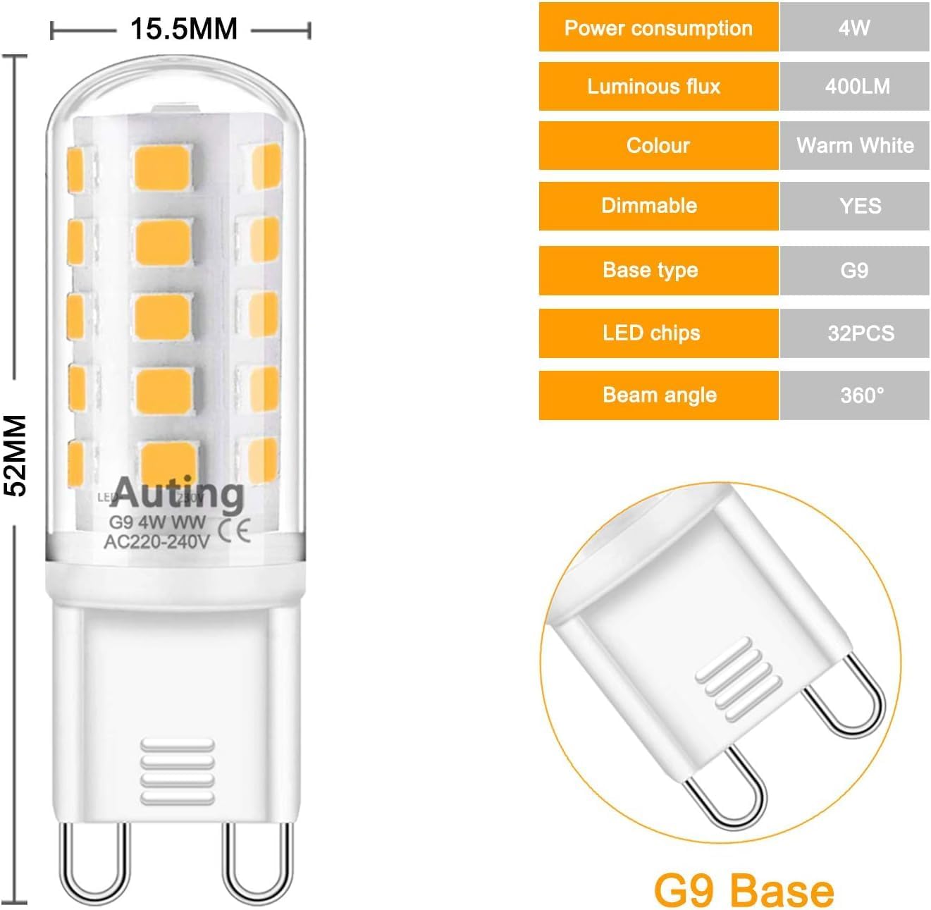 Detalle de Auting G9 LED-lampa, dimbar 4 W, 2700 K och 400 lm