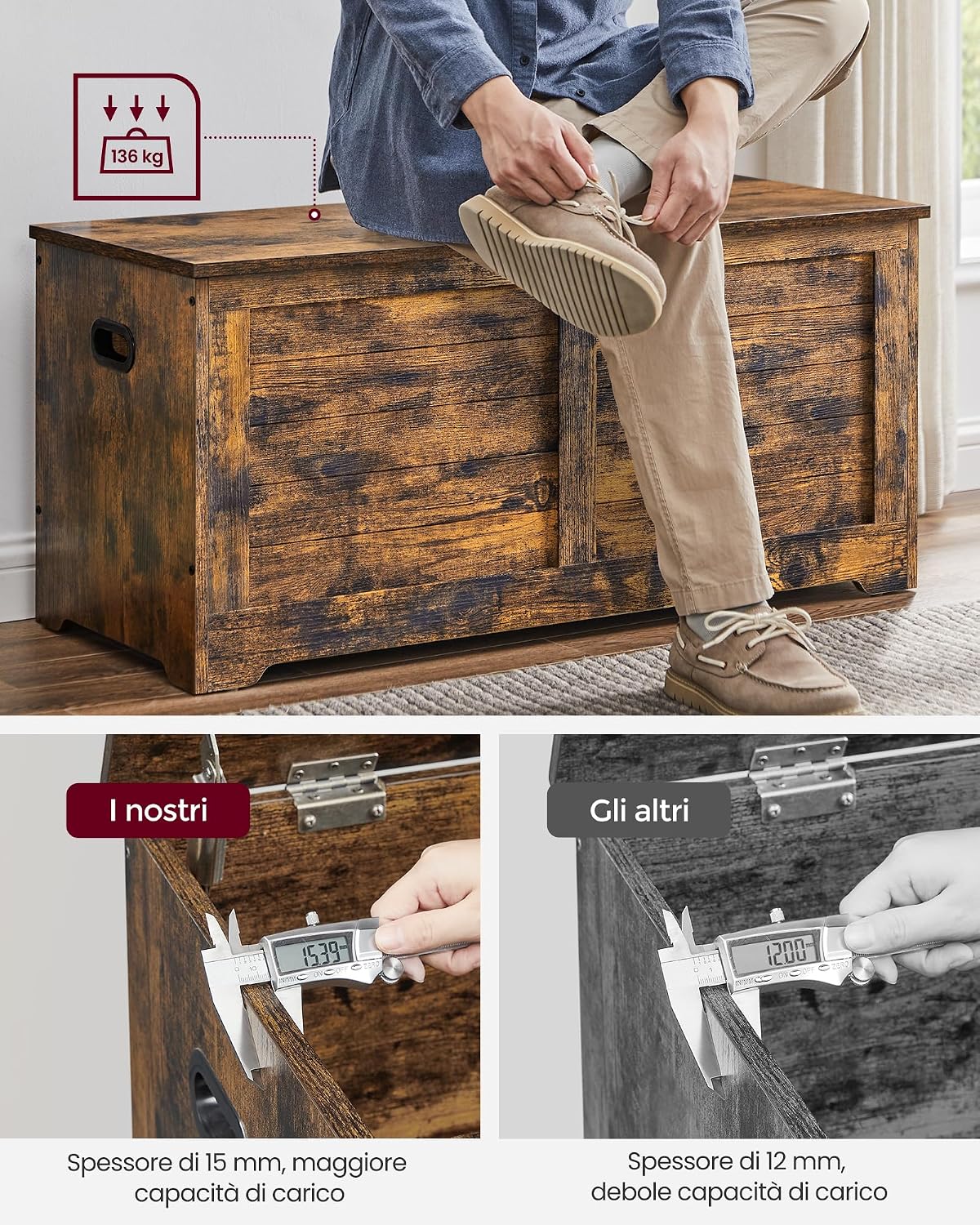 Detalle de VASAGLE cassapanca LSB061T01 con pouf portaoggetti e scarpiera, con 2 cerniere di sicurezza