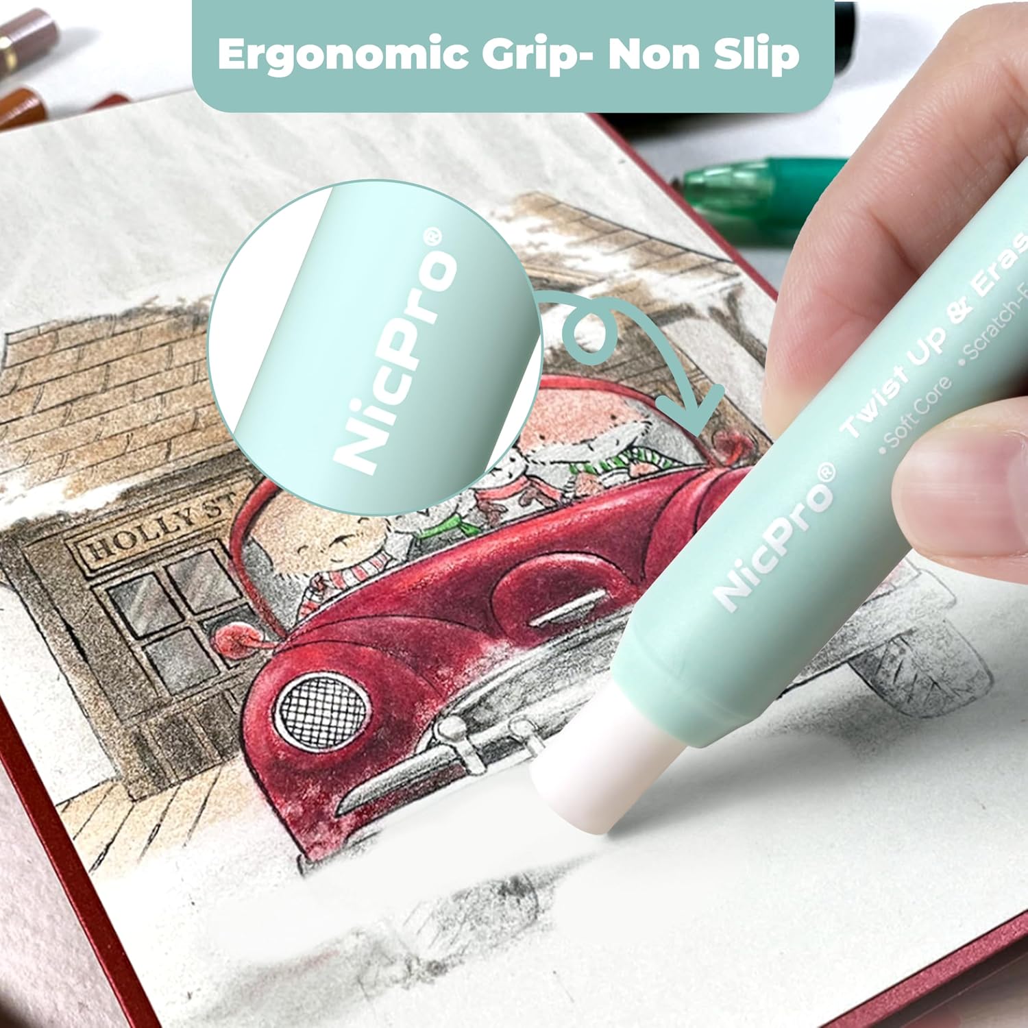 Detalle de Nicpro 6-Pack Retractable Erasers, Soft TPE with Twist-Up Design