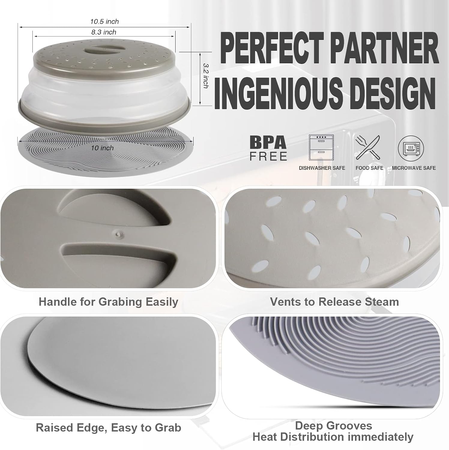 Thumbnail 5 de Aidacom 2 in 1 Microwave Splatter Cover & Silicone Mat – 10.5" Diameter, Grey