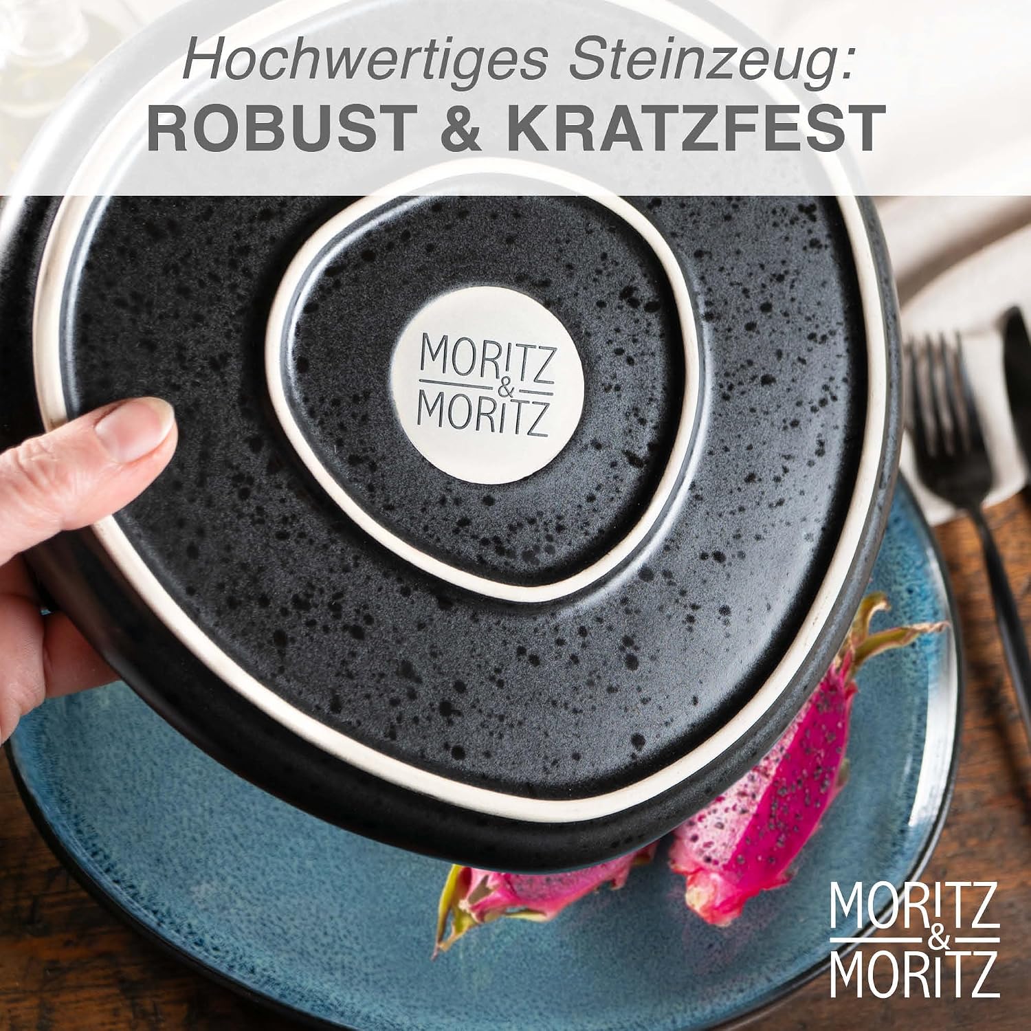 Detalle de Moritz & Moritz ORGANIC 18-teiliges Geschirrset für 6 Personen (Steinzeug, Blau)