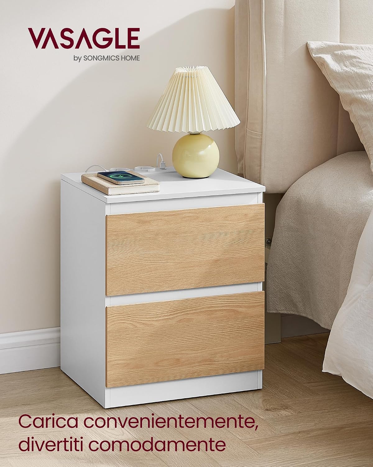 Detalle de VASAGLE Kailyn Collezione - Comodini con Ciabatta Elettrica, Set di 2, bianco nuvola LET821W02