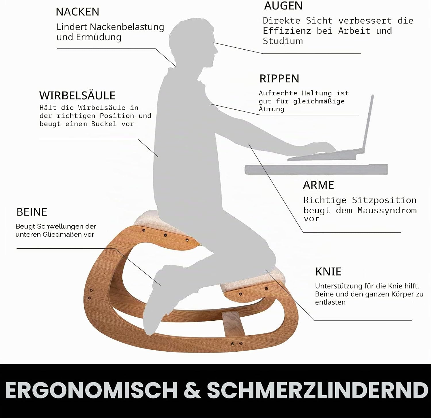 Thumbnail 1 de VEVOR Kniehocker mit Hüftpolster – Ergonomischer Kniestuhl aus Birkenholz (Weiße Eiche)