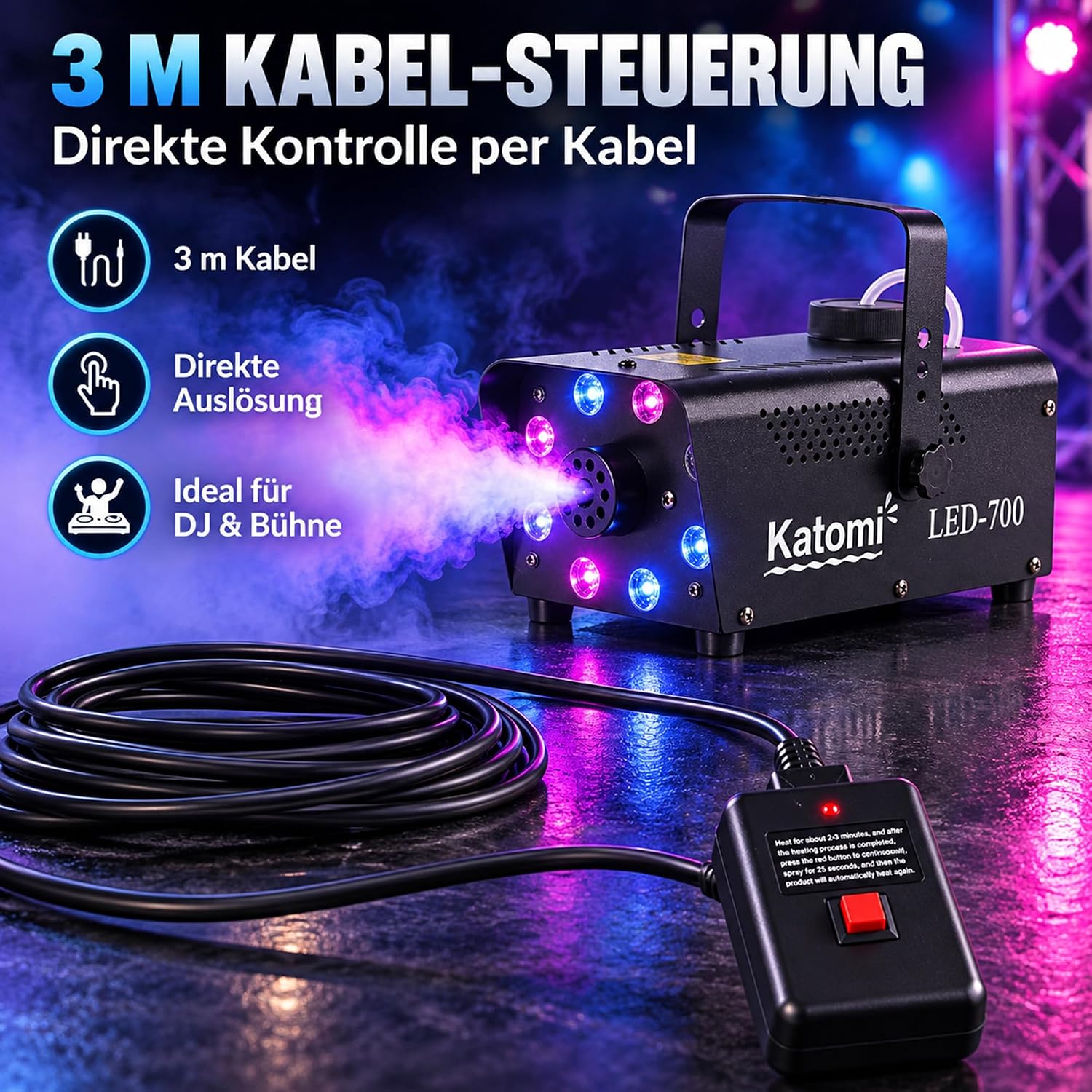 Detalle de Katomi Nebelmaschine 500W mit 8 RGB LEDs – Mini-Fogmaschine mit 3 m Kabel-Fußschalter & Funkfernbedienungen