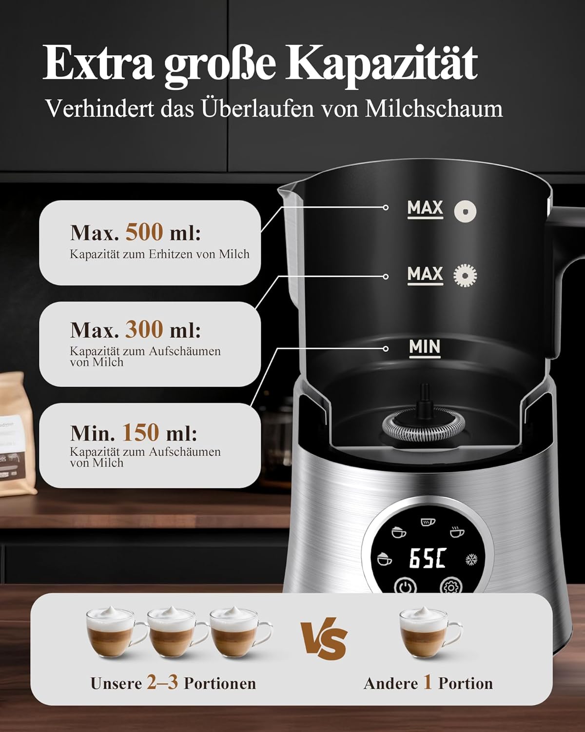 Thumbnail 2 de Elektrischer Milchaufschäumer 5-in-1 (500 ml) – Automatik für heißen & kalten Milchschaum, Latte & Cappuccino