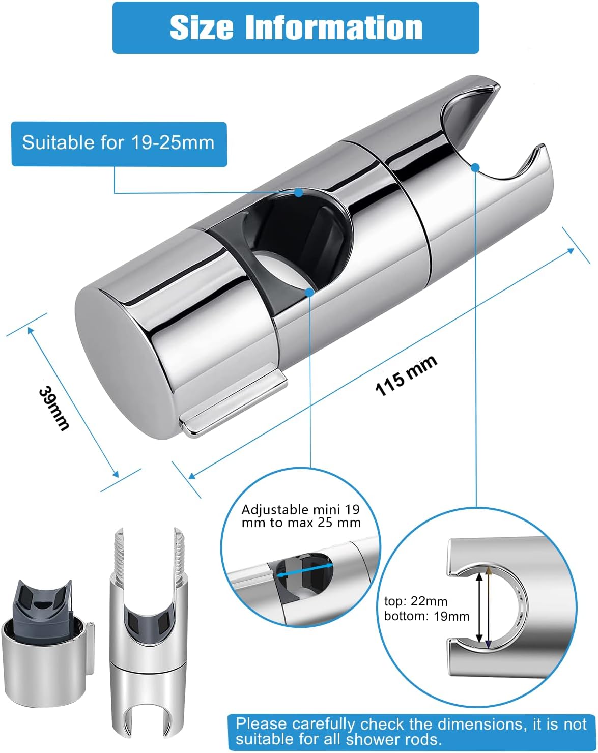 Detalle de Support de Douche universel pour barre coulissante 19-25 mm – rotation 45° et réglage en hauteur