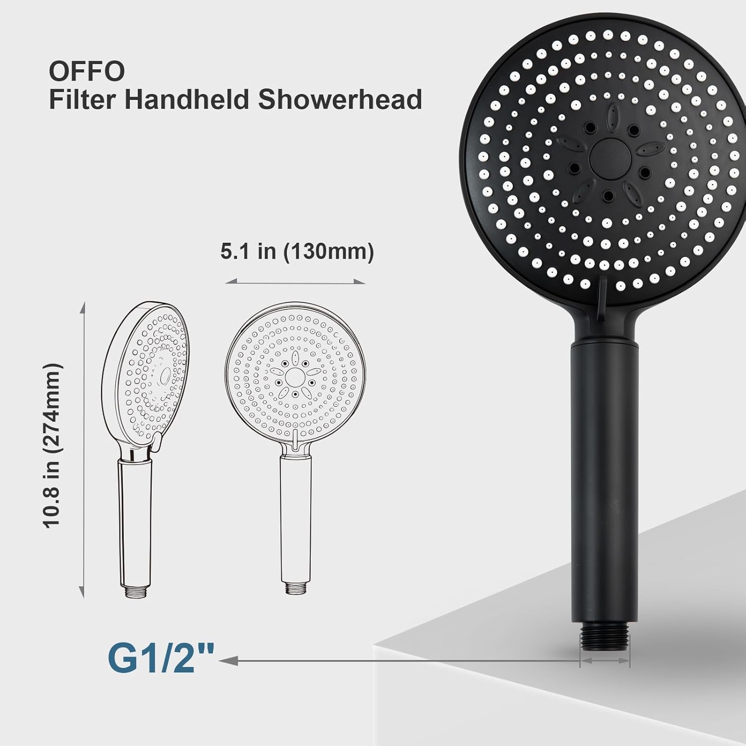 Thumbnail 3 de OFFO 1.6m shower head and hose with 20-stage filter, 6 spray modes (matte black)