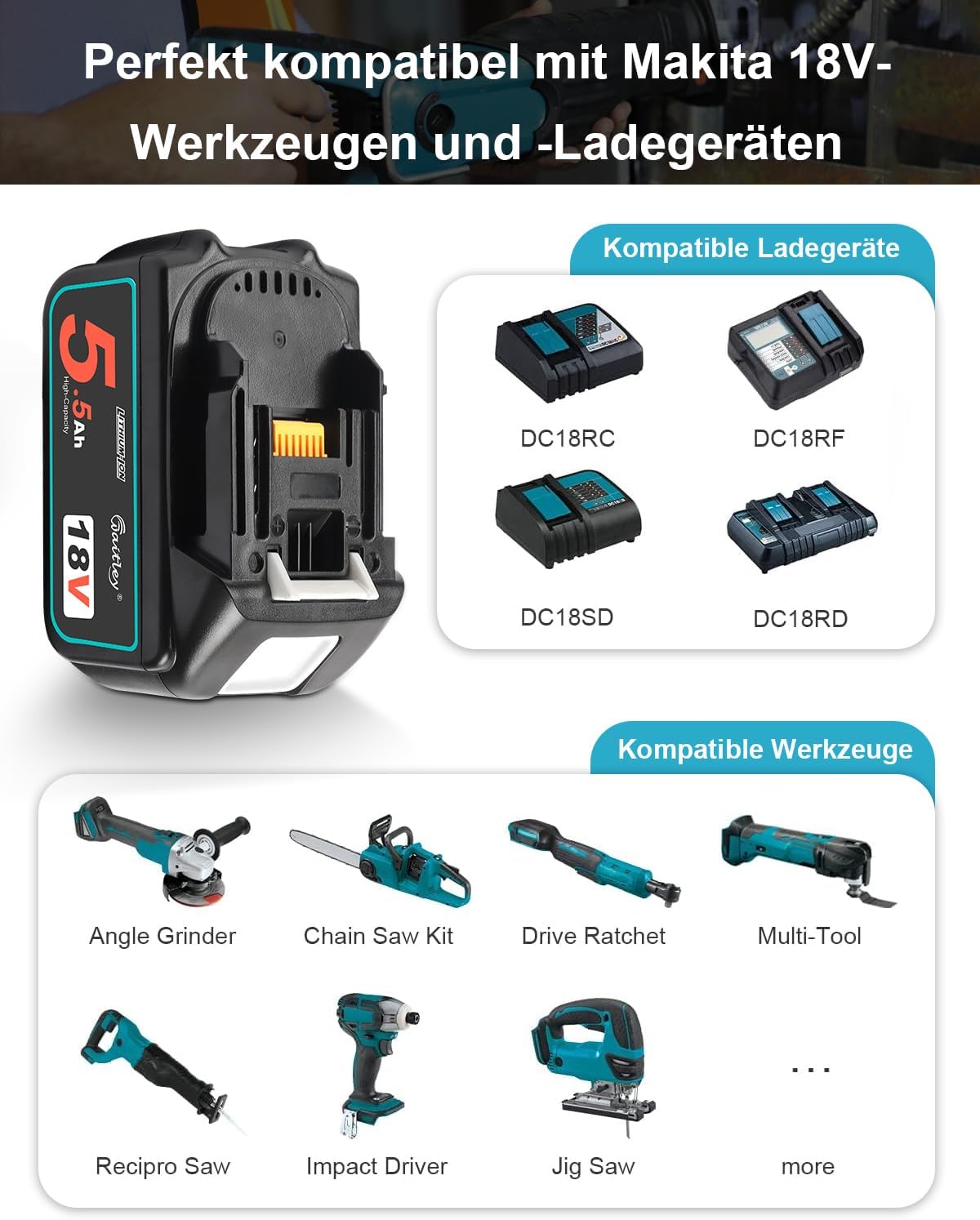 Detalle de 2X Waitley Batterie de Rechange Li-Ion 5500 mAh 18 V pour Makita – Fiabilité et autonomie pour vos outils 18V