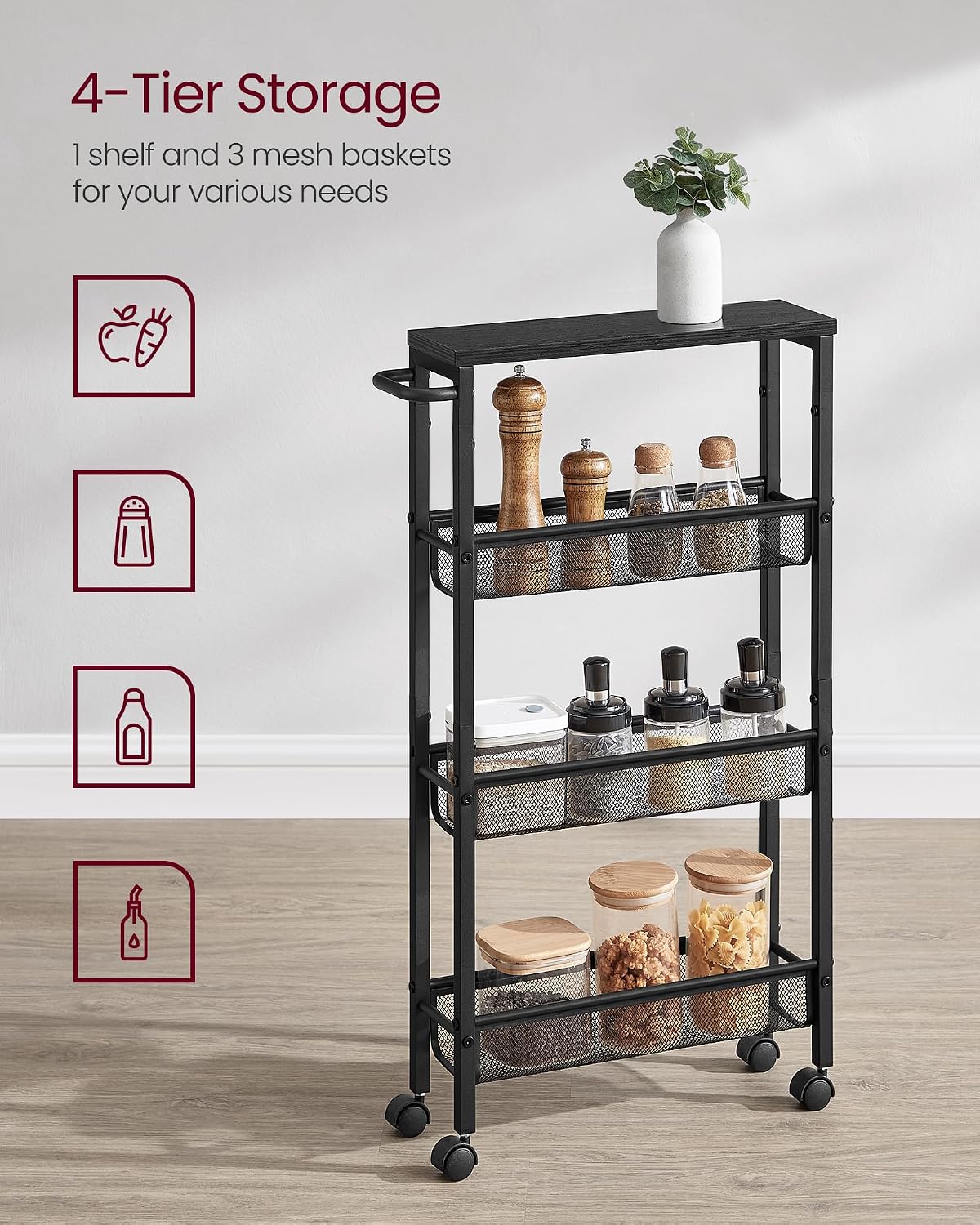 Detalle 2 de VASAGLE Slim Rolling Storage Cart 4-Tier