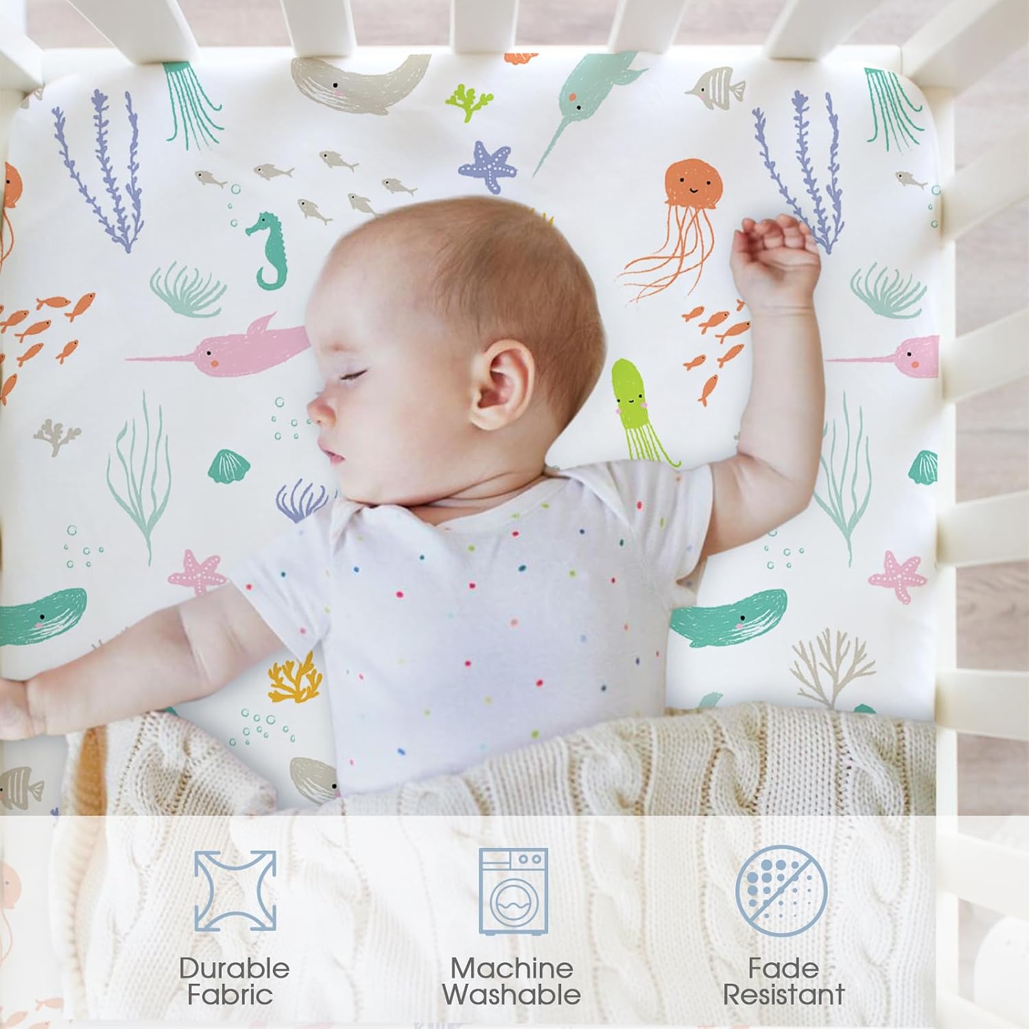 Thumbnail 2 de Little Grape Land Spannbettlaken für Baby-/Kinderbett 60x120 cm (4er Set) – atmungsaktive Mikrofaser, OEKO-TEX, Meereswelt/Muschel