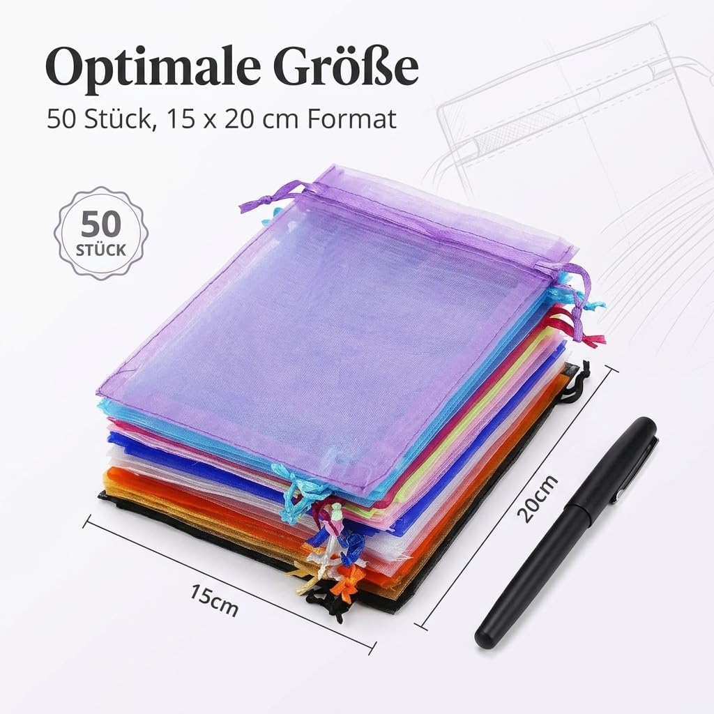 Detalle de IUSOT 50 Stück Organzasäckchen 20x15 cm – Bunte Zugkordel-Beutel aus Organza, ideal für Hochzeiten, Weihnachten und Schmuck