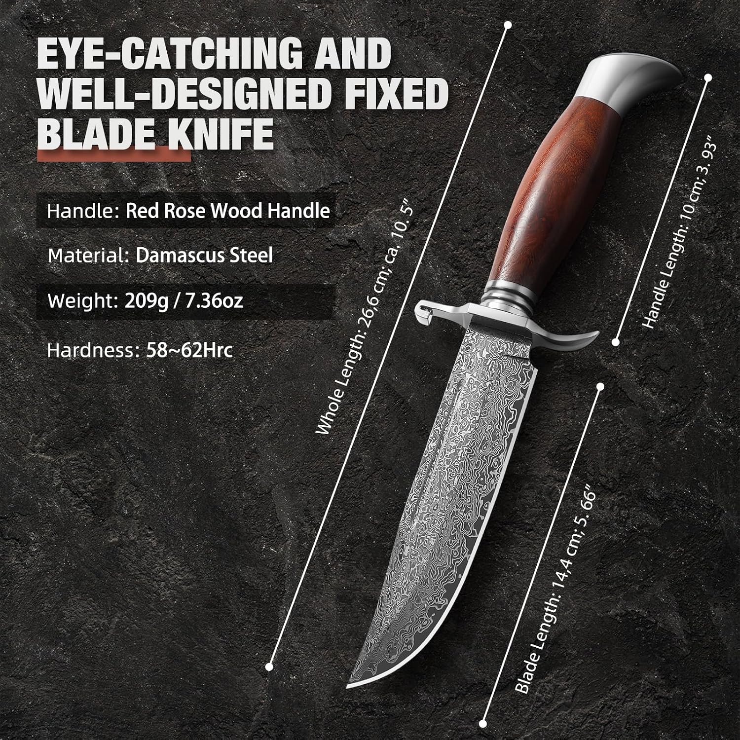 Detalle de DRACHENADER W-S-Damas Damascus Fixed-Blade Hunting Knife with Wood Handle