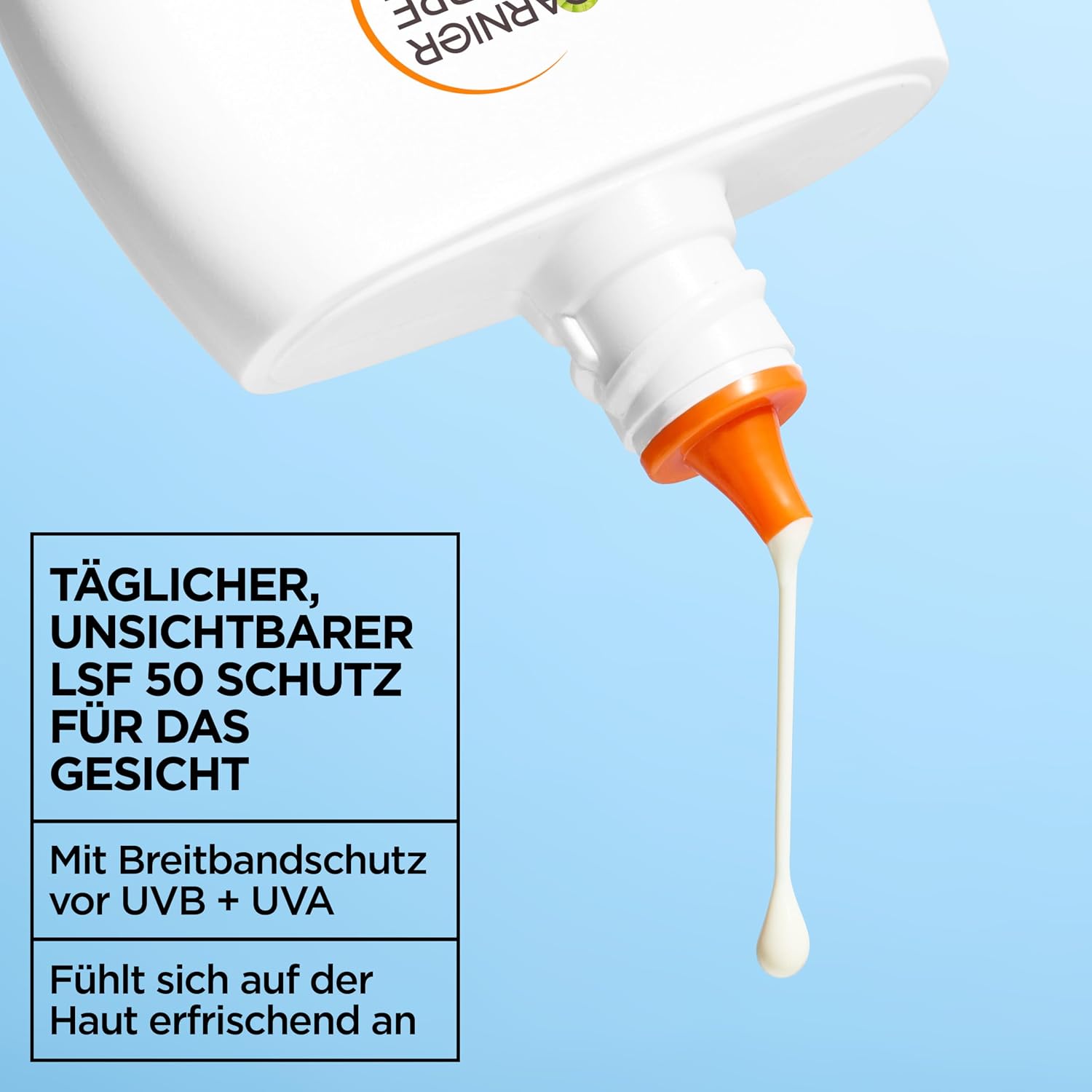 Detalle de Garnier Ambre Solaire Super UV UV-Water-Fluid LSF 50 – erfrischende Sonnencreme für das Gesicht, Dry-Touch, unsichtbares Finish, 40 ml