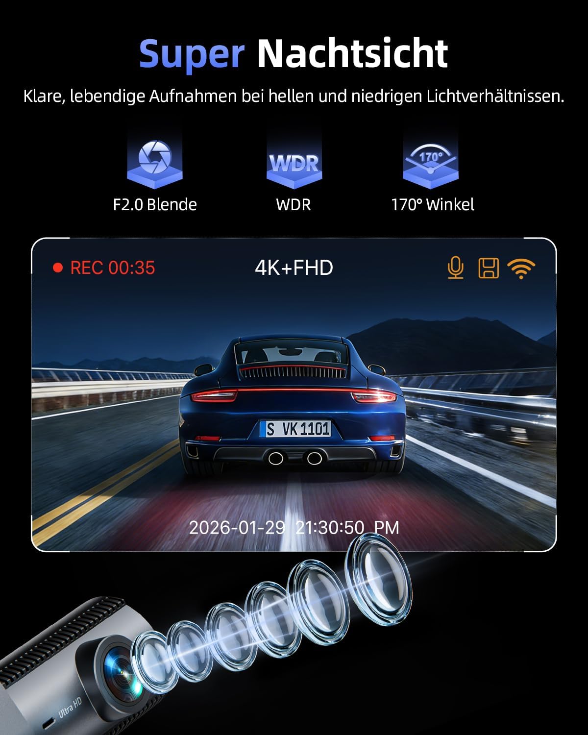 Thumbnail 2 de Dashcam Auto Vorne Hinten 4K+1080P mit 5,8GHz WLAN, 170° Weitwinkel und 64GB SD (G-Sensor, 24h Parküberwachung)