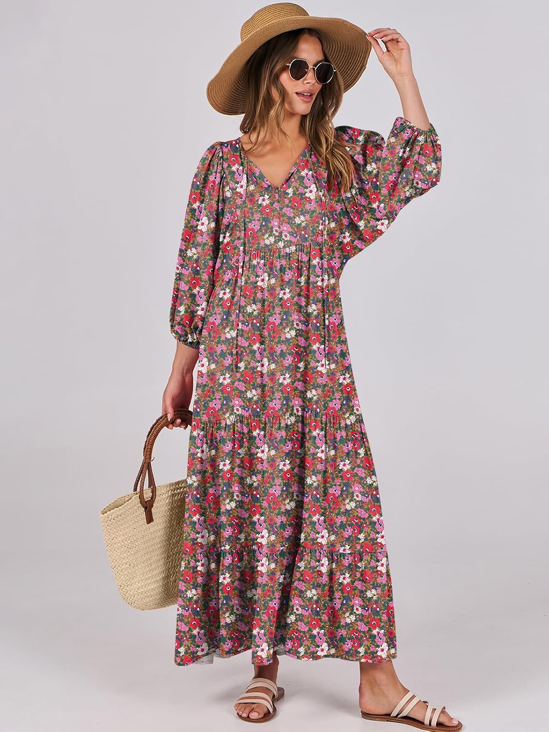 Thumbnail 1 de ANRABESS Women's Boho Floral 3/4 Puff Sleeve Maxi Dress