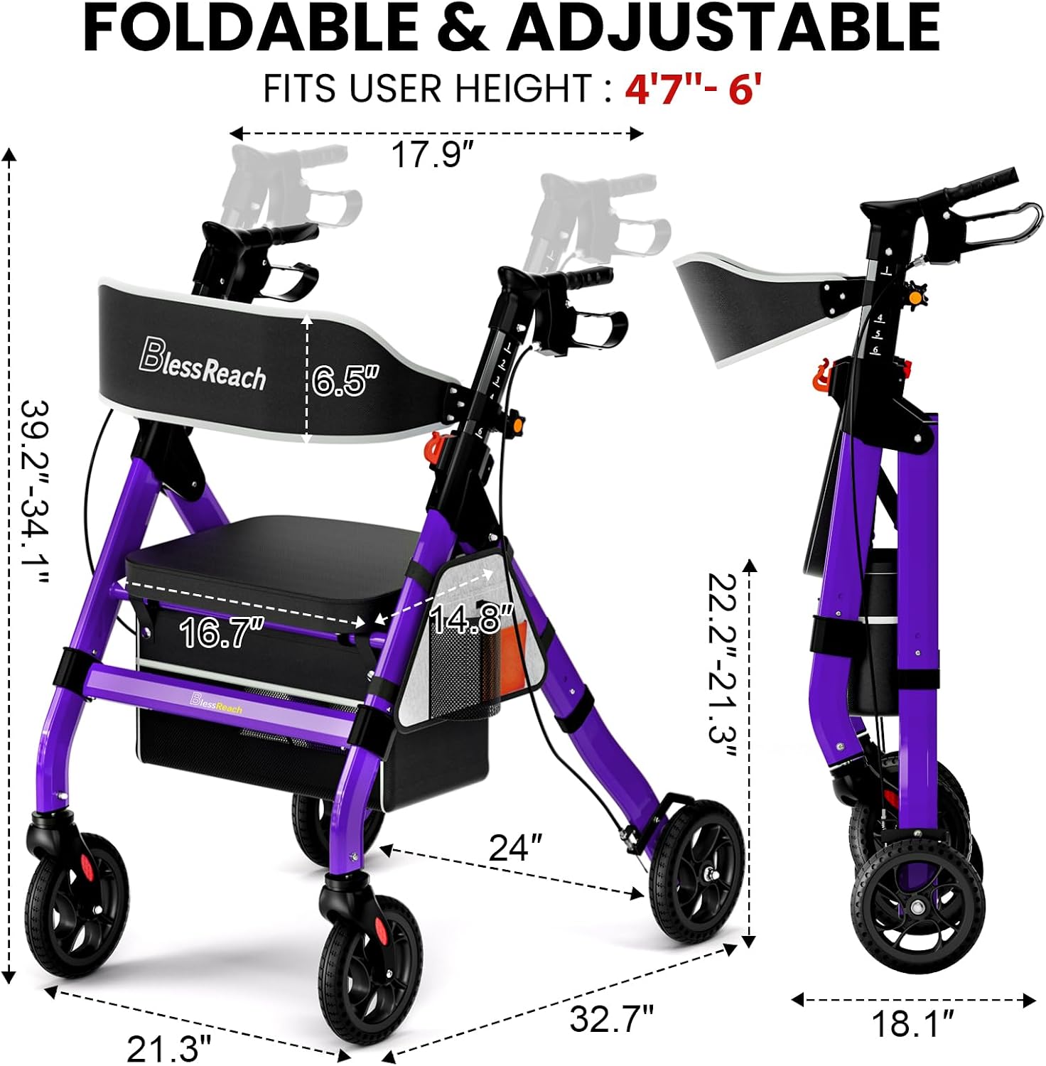 Detalle 2 de BlessReach Foldable Heavy-Duty Rollator Walker, 400 lb Capacity, 8-Inch Wheels