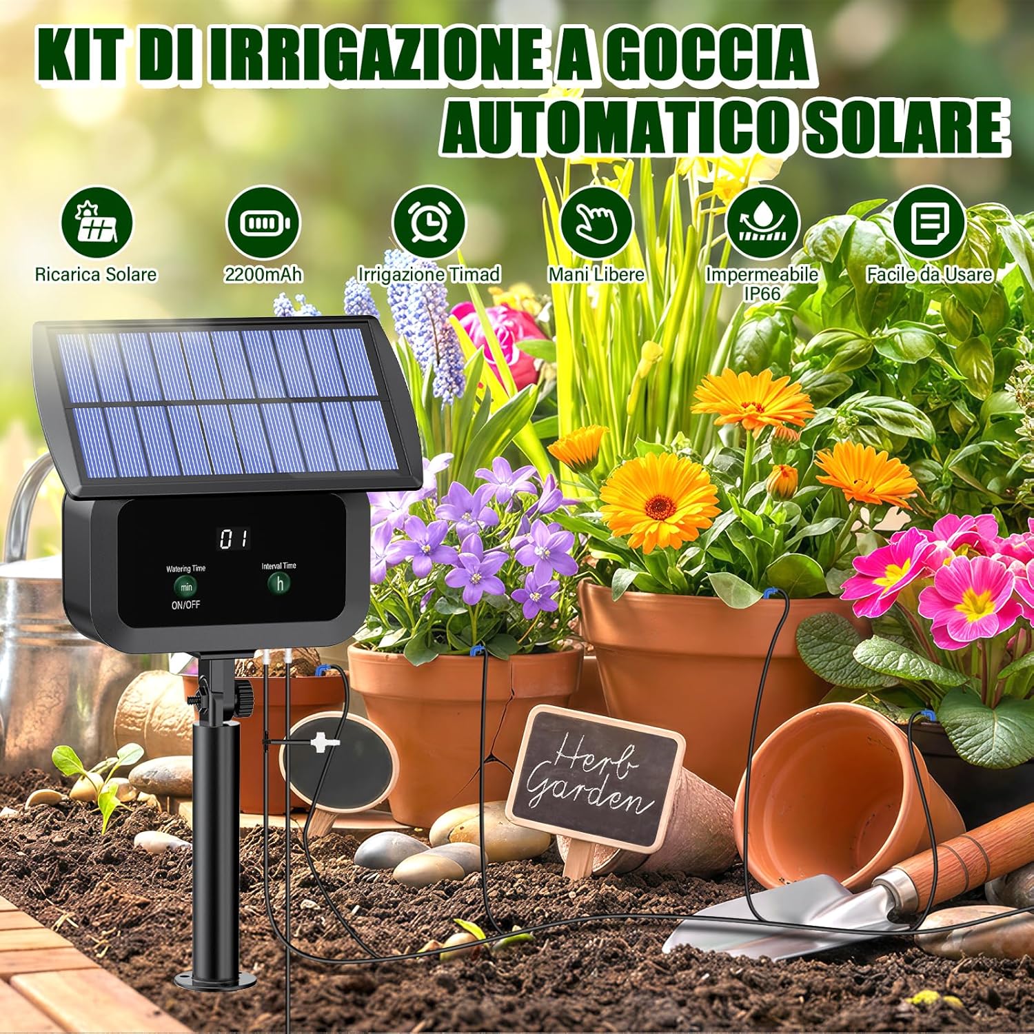 Detalle 2 de Kit di Irrigazione Automatica Solar: irrigazione a tempo per piante in foto, balcone e giardino