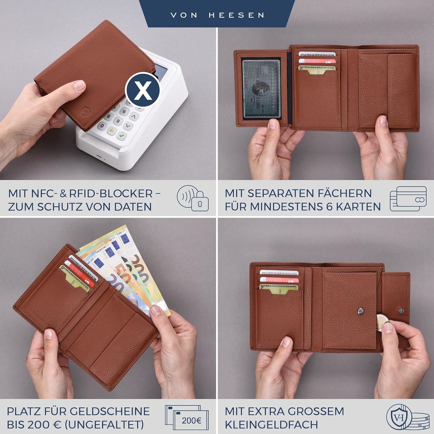 Detalle de VON HEESEN Leder Geldbörse RFID-Schutz – Echtleder Brieftasche Cognac-Braun