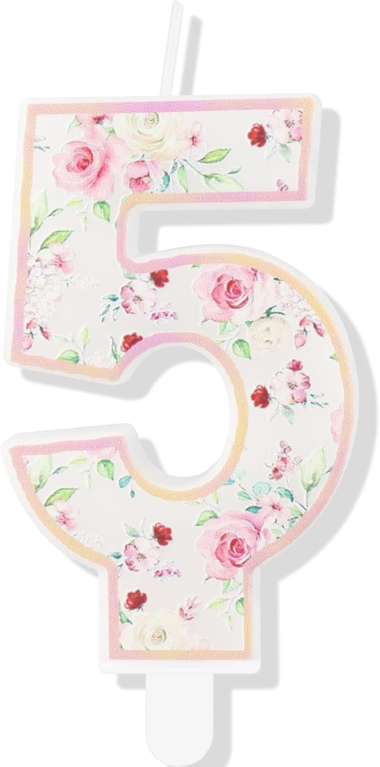 Detalle de Beautiful Flower Candles: Hawaiian Themed Birthday Cake with Number 5 Decoration